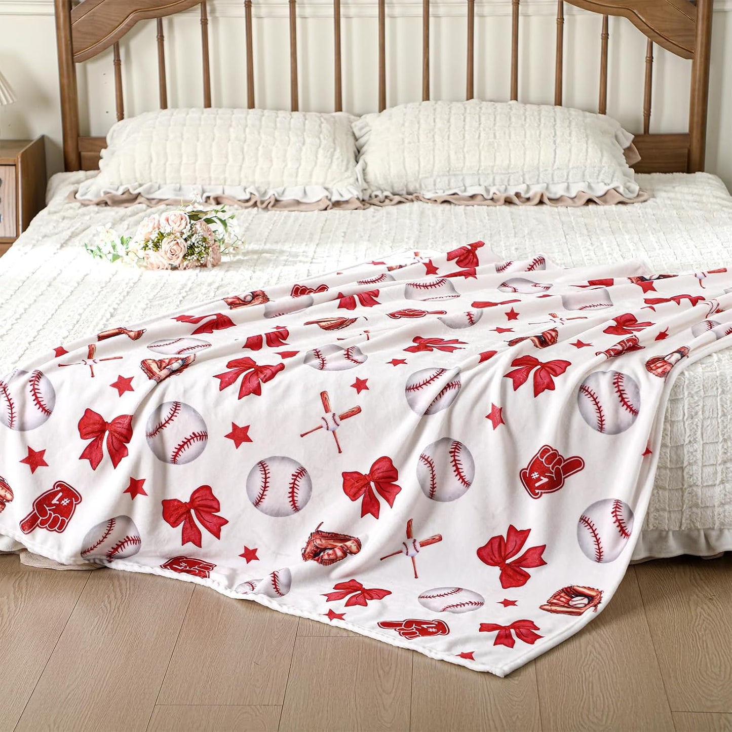 Red Bow Baseball Blanket for Teen Girls Cute Soft Flannel Throw Blanket Washable Aesthetic Fuzzy Fleece Throw for Couch Sofa Bed Decor, Valentine Galentines Day Gift 50 x 60inch