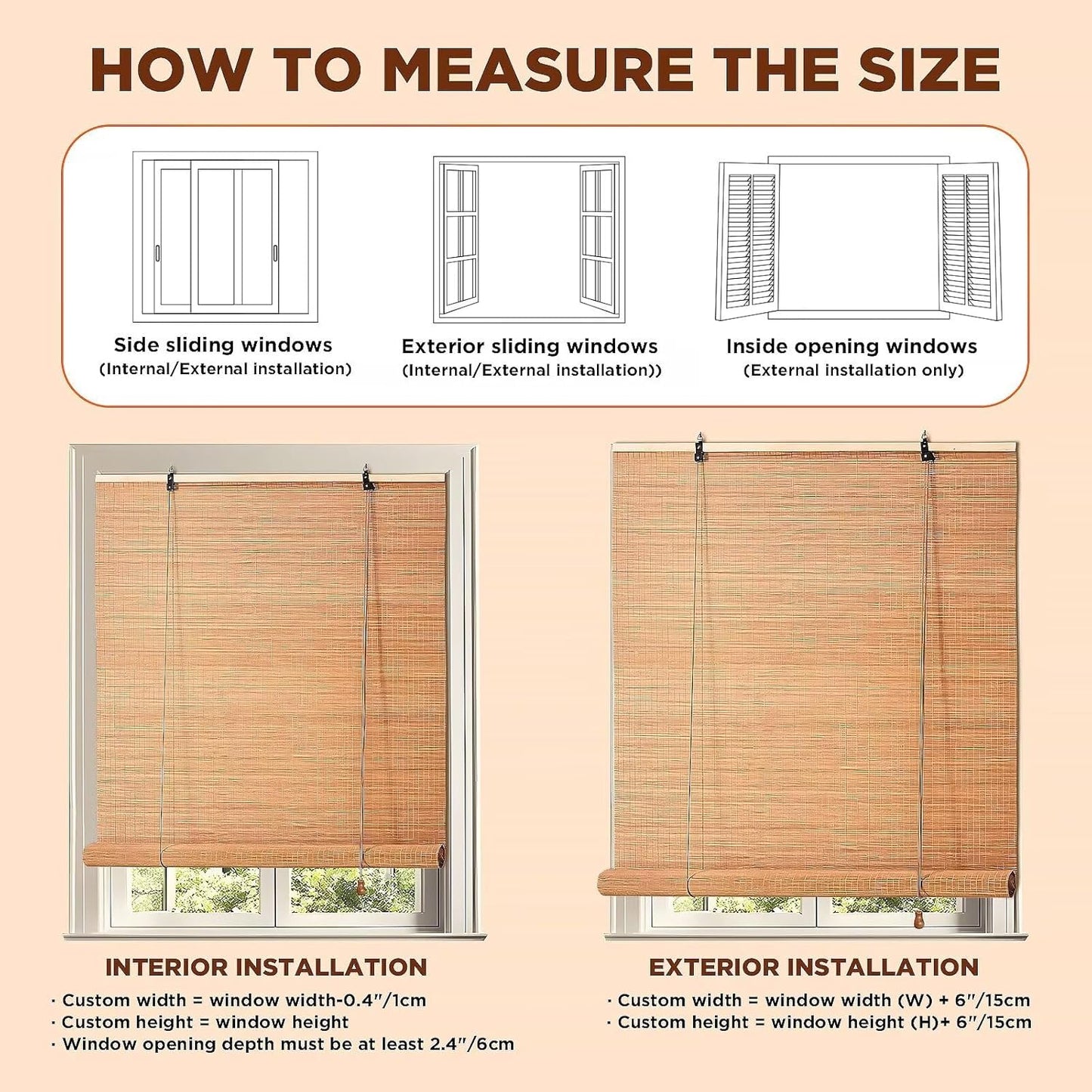 Bamboo Roller Shades Roman Shades for Window: Bamboo Blinds for Interior Windows and Outdoor Patio,Roll Up Blinds for Indoor Porch Light Filtering Sunshade,Easy to Install 36" W X 48" H