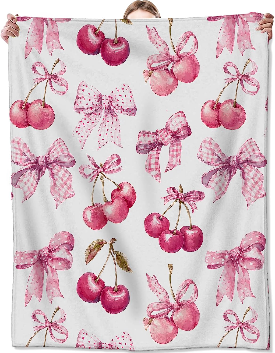 Sweet Cherry Fleece Blanket, Soft Throw with Bow Illustration, Lightweight Cozy Blankets for All Seasons, Cute Romantic Home Decor and Gifts for Women and Fruit Lovers, 50x60 Inch