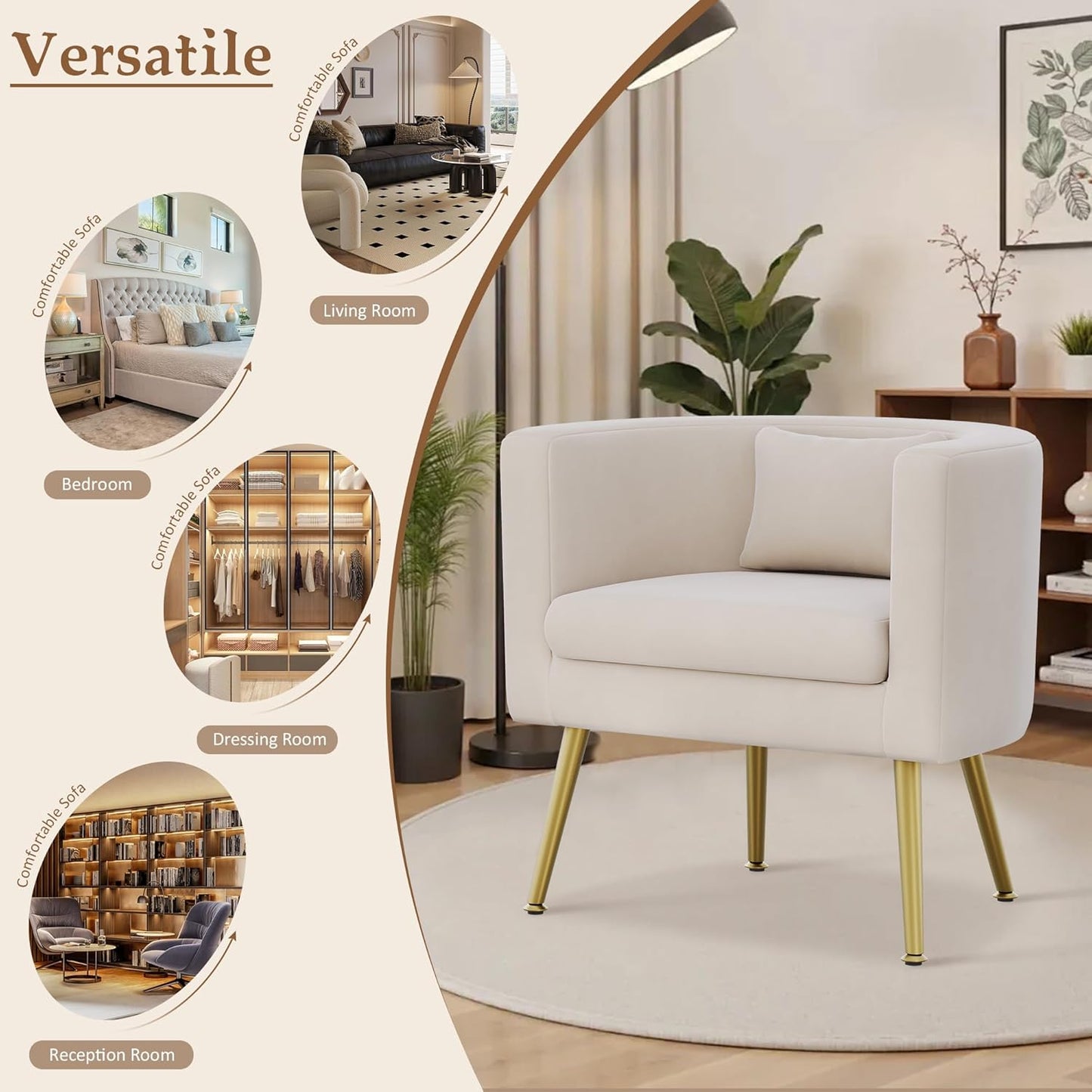 Velvet Accent Chair with Gold Legs Modern Upholstered Barrel Chairs Ivory Armchair for Living Room Bedroom