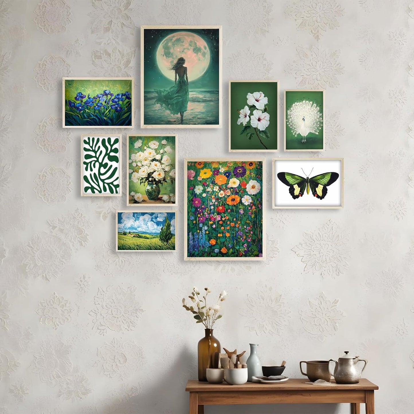 Eastern Print Eclectic Green Wall Art, Set Of 9 Pcs Unframed Posters, Vintage Room Decor Coquette, Green Painting Home Decor, Vintage Eclectic Wall Art Prints For Bedroom, Living Room, UNFRAMED