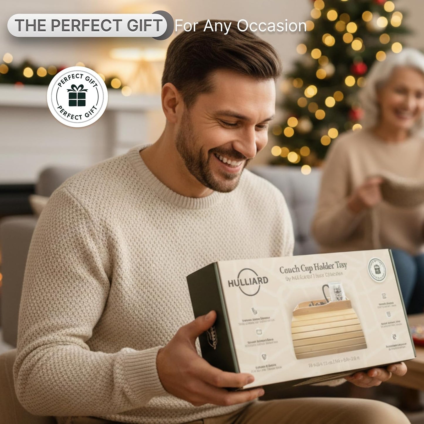 Bamboo Sofa Armrest Tray - Foldable Couch Arm Tray with Cup Holder - 2 in 1 Anti-Slip Sofa Armchair Caddy Table for Drinks, Phone, TV Remote, Snacks