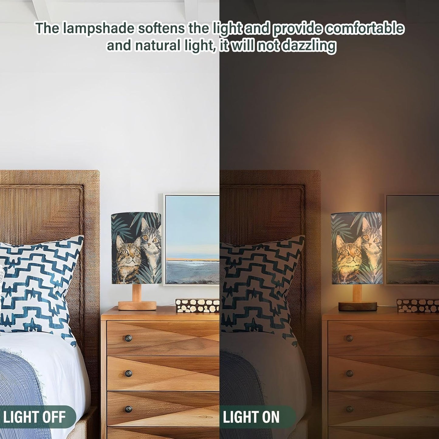 Couple Cat Bedside Table Lamp for Bedroom, Minimalist Nightstand Lamp with Round Fabric Shade for Living Room, Office, No Bulb Required