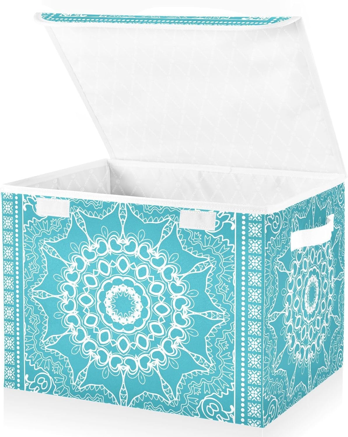 Retro Boho Blue Storage Bins with Lids Fabric Storage Containers Box Organizer with Handles for Closet Shelves Clothes Foldable Decorative 16.5 x 12.6 x 11.8 Inch