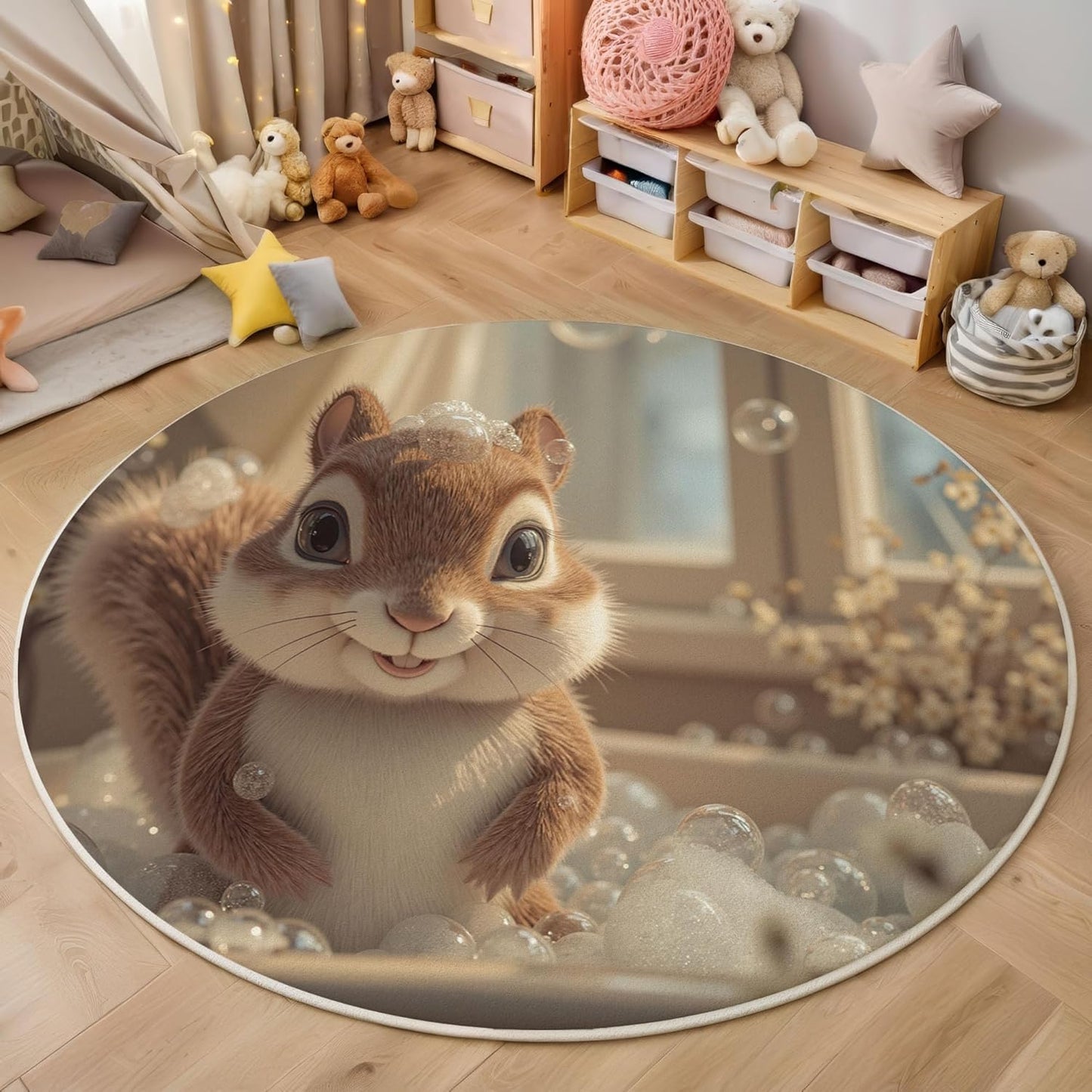 2Ft Round Washable Rug - Large Area Rug for Living Room Dining Room, Beige Soft Bedroom Carpet with Cute Squirrel Bathtub Pattern, Fun Animal Décor, Low Pile Stain Resistant
