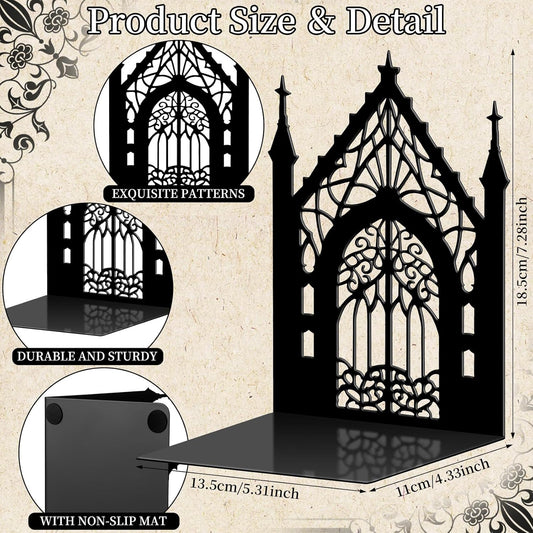 Shimeyao Gothic Metal Bookends for Shelves Decorative Black Metal Bookends Heavy Duty Black Gothic Themed Gifts Bookshelf 5.3"x4.3"x7.3" Heavy Bookshelves Holders for Office Desk Room Decor