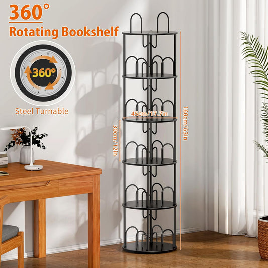 5 Tier Rotating Bookshelf, 360° Spinning Bookshelf Tower, Narrow Corner Book Shelf, Revolving Bookcase Corner Tall Book Shelf for Small Spaces, Bedroom, Living Room, Black