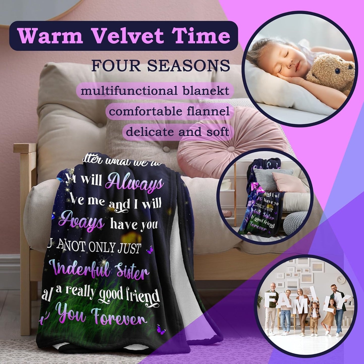 Sister Birthday Gifts - Cozy Blanket 50"x60", Perfect Present for Sisters, Best Ever Gift for Women, Ideal Soul Sisters Surprise, Unique Birthday Idea from Sister