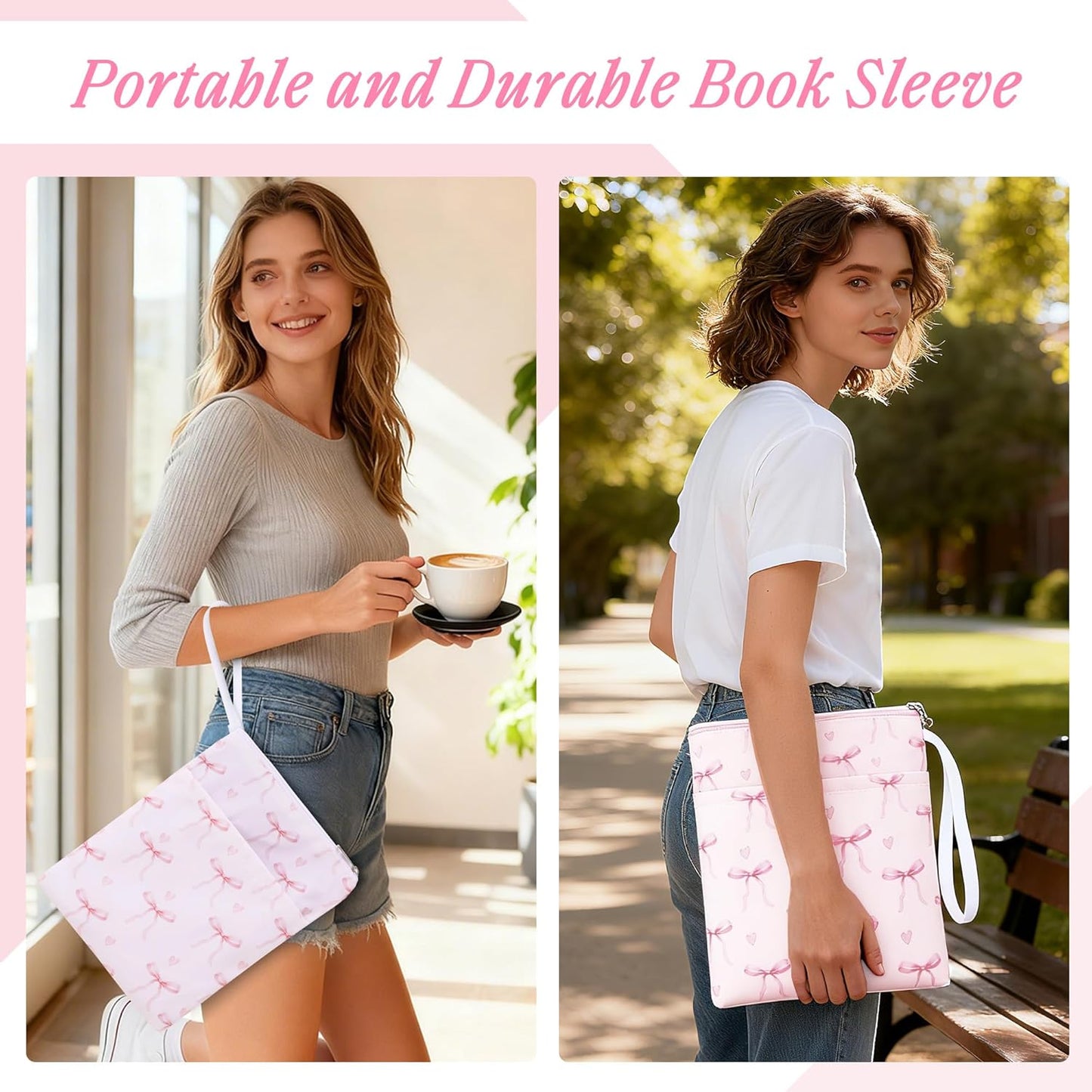 Book Sleeve with Zipper, 11''x 9'' Waterproof Paperback Sleeve for Book Lovers Books Pouch Cover with Handle for Hardcovers Kindle Sleeve for Reader Teacher Women (Light pink bow tie, 11x 9 inch)