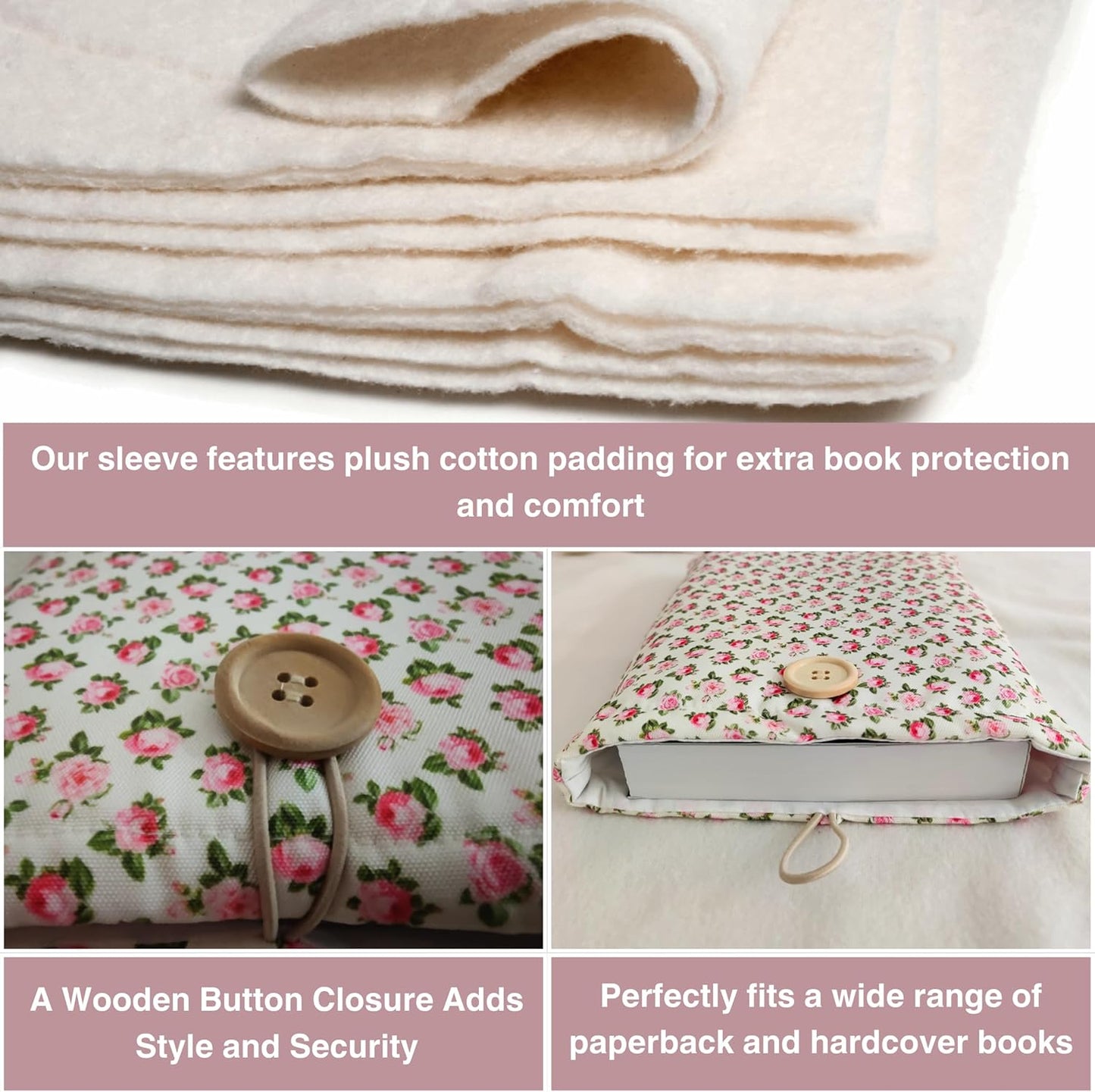 Floral Book Sleeve - Elegant Book Cover with Wooden Button, Cotton Padded Protector for Paperbacks & Hardcovers, Ideal for Book Lovers, Durable Design (White & Roses, Large)