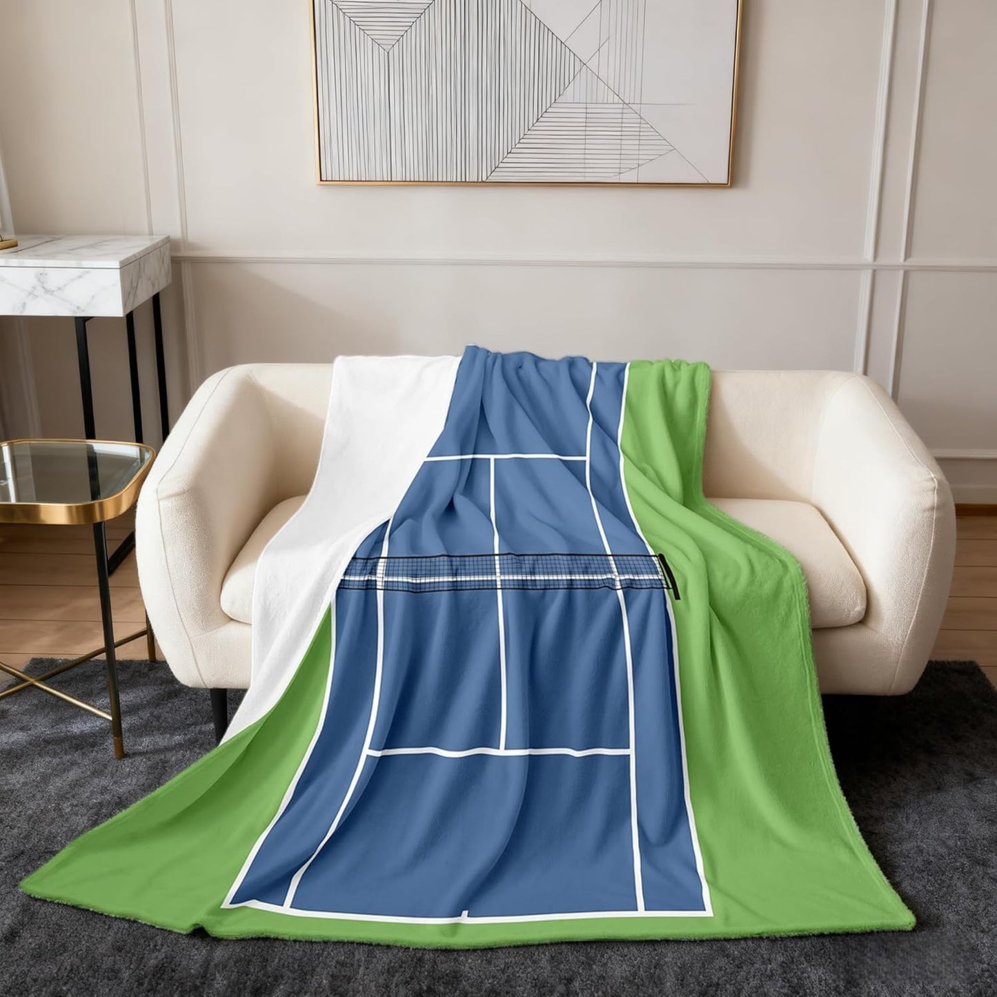 Tennis Sports Flannel Blanket for Kids Adults,Boys Men Outdoor Ball Game Breathable Flannel Plush Blanket 40"x50",Modern Tennis Court Simple Lines Fuzzy Blanket for Bed Sofa Couch All Season