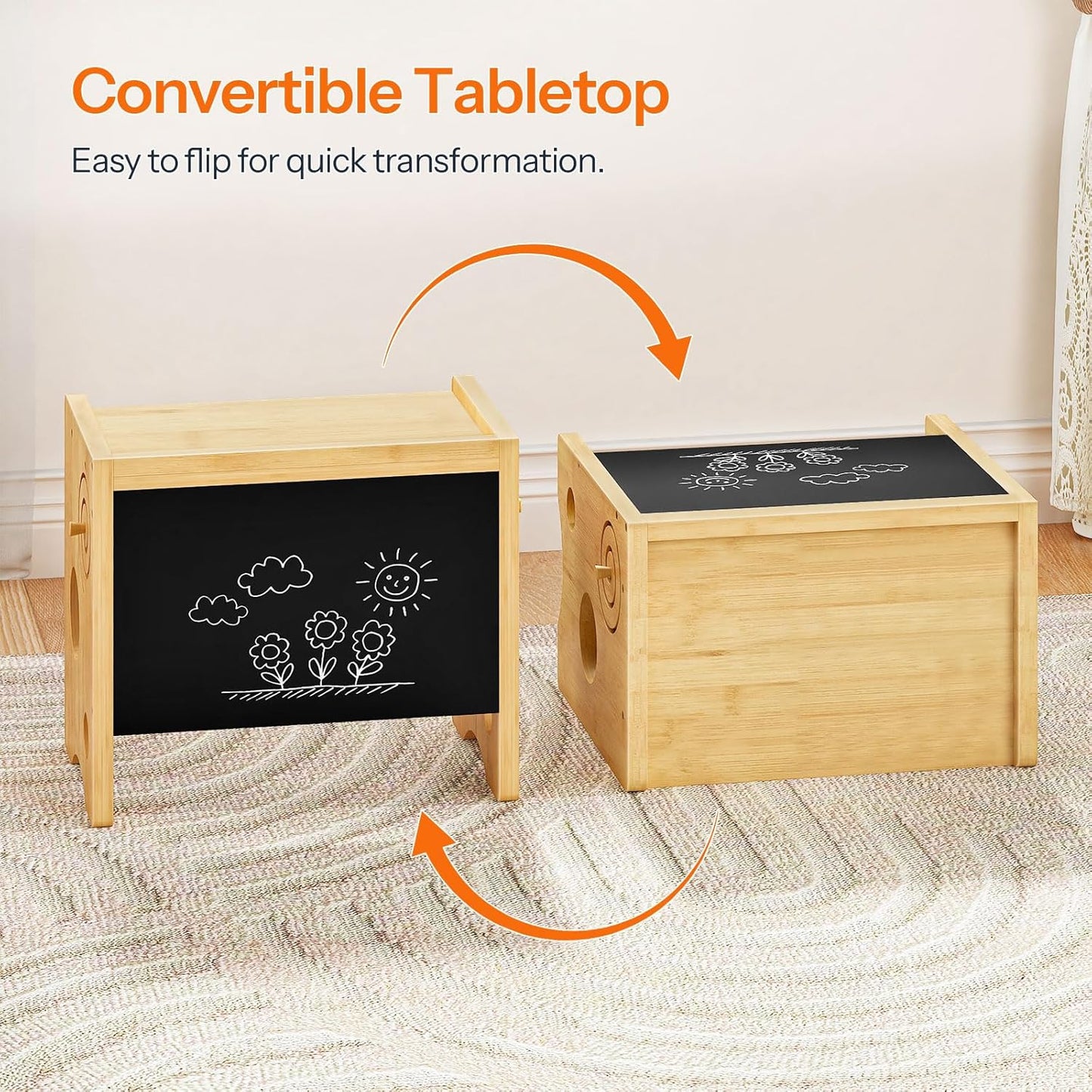 HOOBRO Kids Table and Chair Set, Bamboo Toddler Table and Chair Set with Chalkboard, 3 in 1 Kids Table and 1 Chair for Ages 1-3, 3-Height Adjustable Chair, for Reading Eating Playing Natural YB20KT01