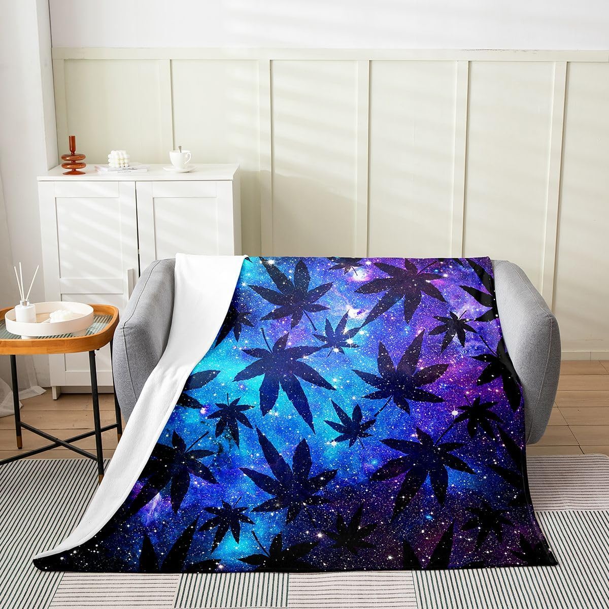Erosebridal Leaf Fleece Blanket Leaves Flannel Blanket Queen 90x90,Purple Galaxy Leaf Flannel Blanket for Boys Girls Men Botanical Leaves Starry Sky Fuzzy Blanket