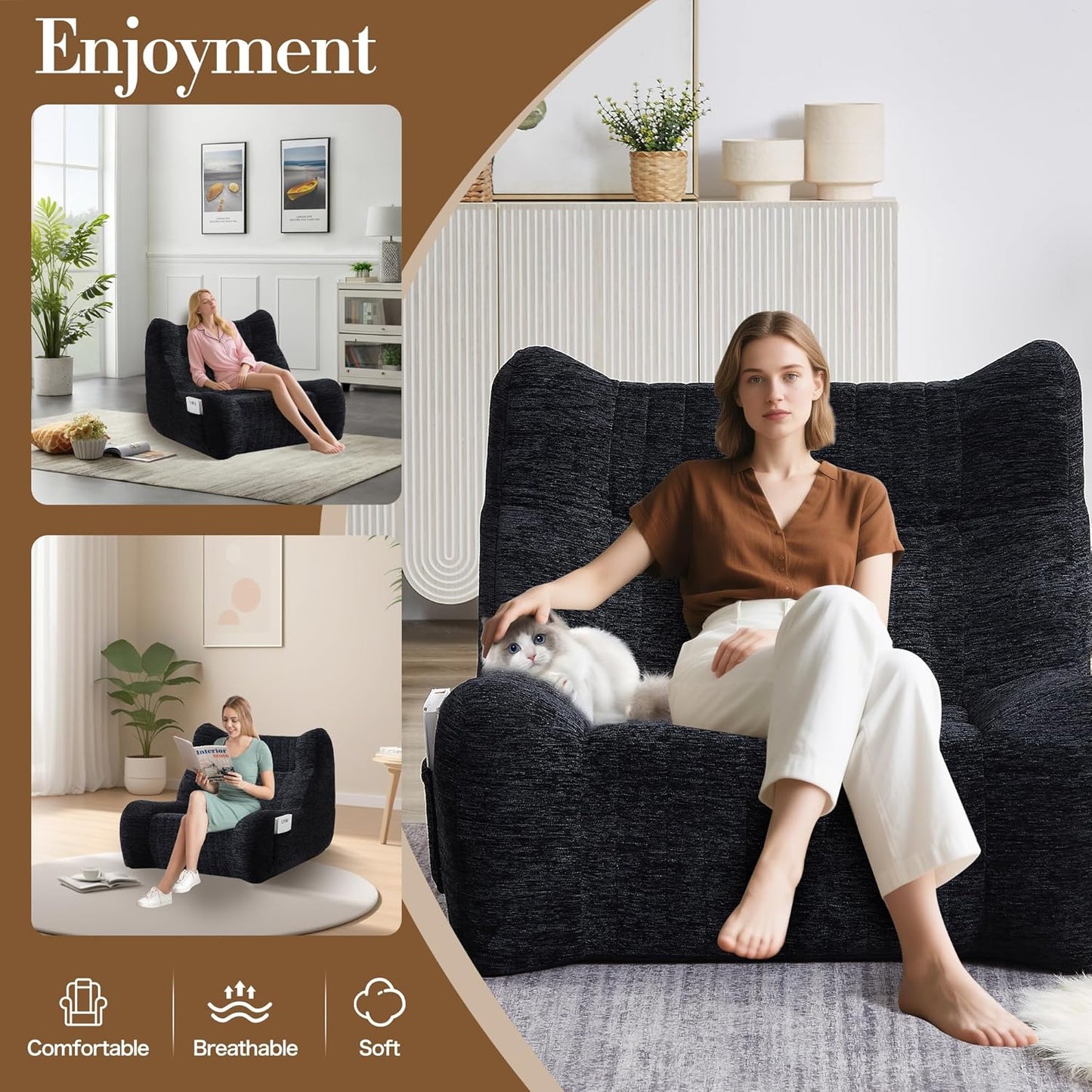 Bean Bag Chairs for Adults and Kids, Oversized Comfy Lazy Floor Sofa, Chenille Upholstered Boneless Couch Chair with Side Pockets, Memory Lounge Reading Chair for Living Room Bedroom Office (Black)