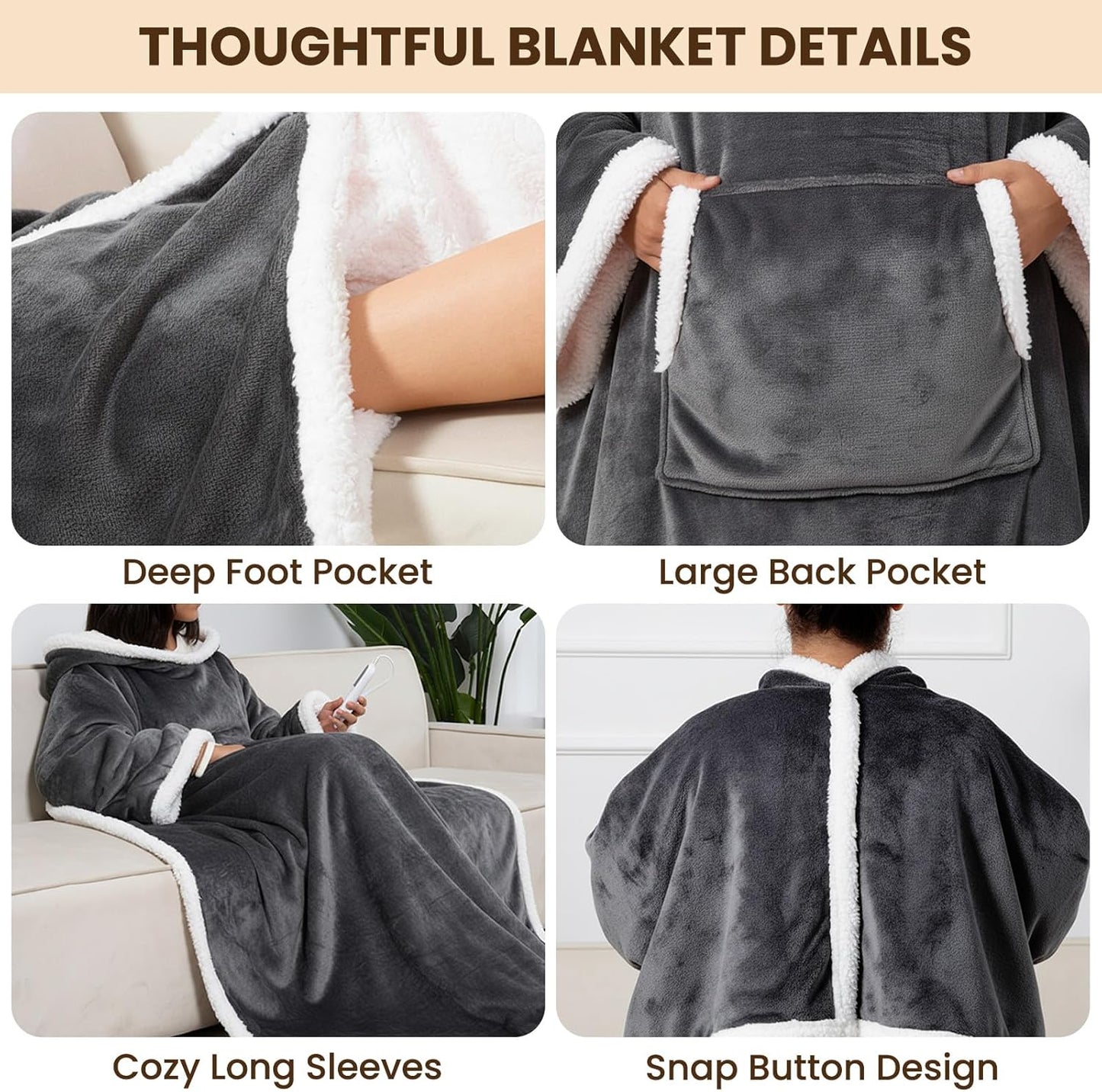 DAILYLIFE Wearable Heated Blanket with Foot Pocket, 52"x72" Electric Blanket with Sleeves for 6 Heat Settings, 12 Hours Timer, Flannel & Sherpa, Charcoal