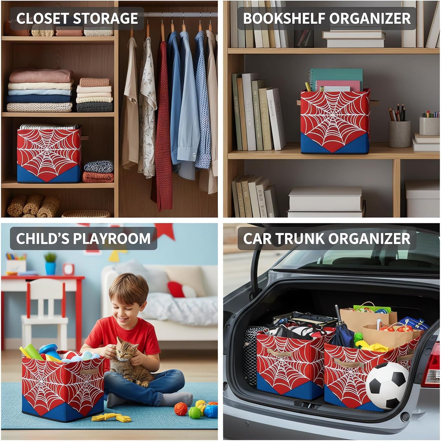 Red Spider Web Storage Cubes Bins, 13 Inch Collapsible Fabric Organizer Baskets Box with Leather Handles for Kids Toys Blanket Clothes, Home Nursery Bedroom Decor