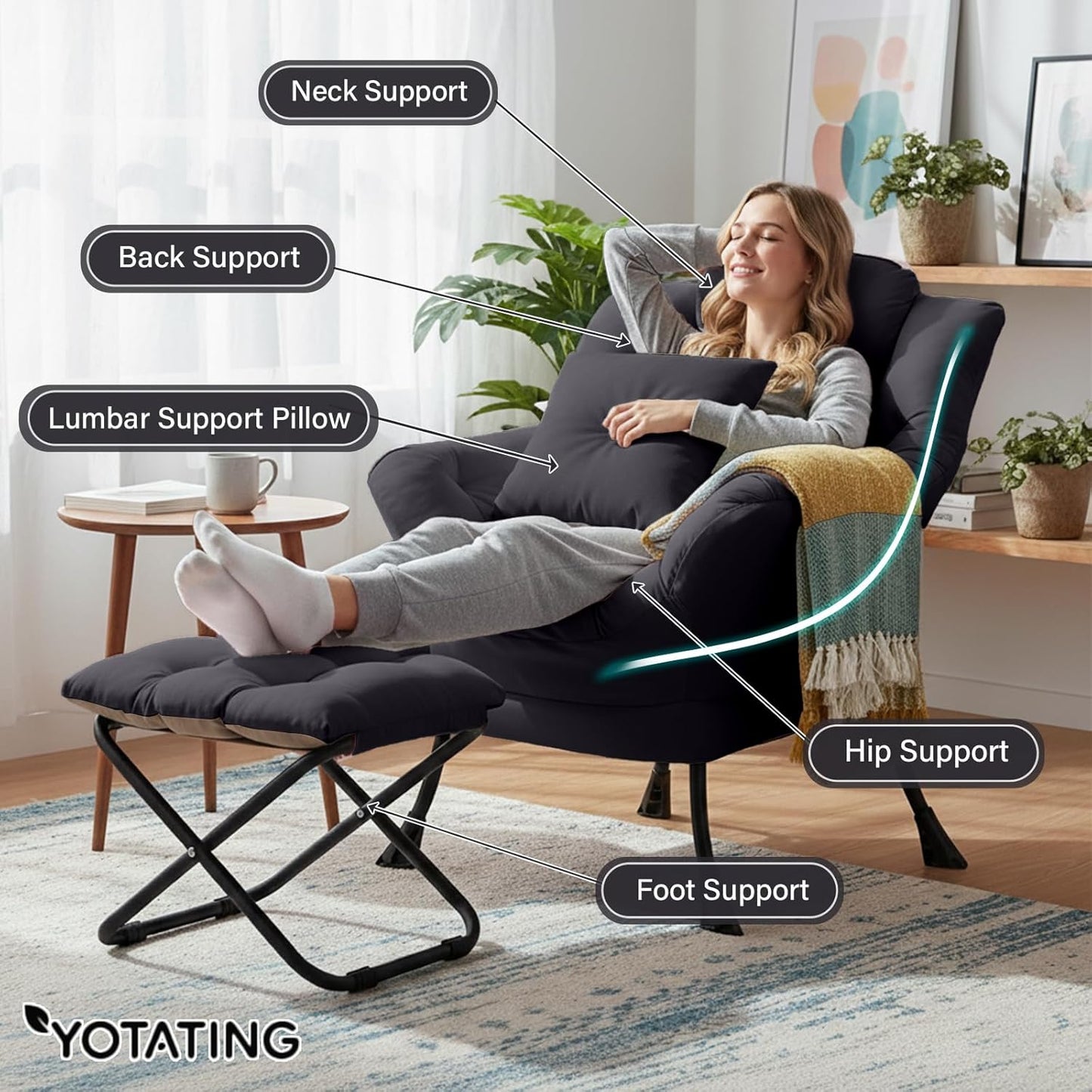 Lazy Chair with Ottoman, Modern Accent Leisure Sofa Chair with Footrest Stool & Throw Pillow, Modern Lounge Chair with Armrests for Living Room, Black