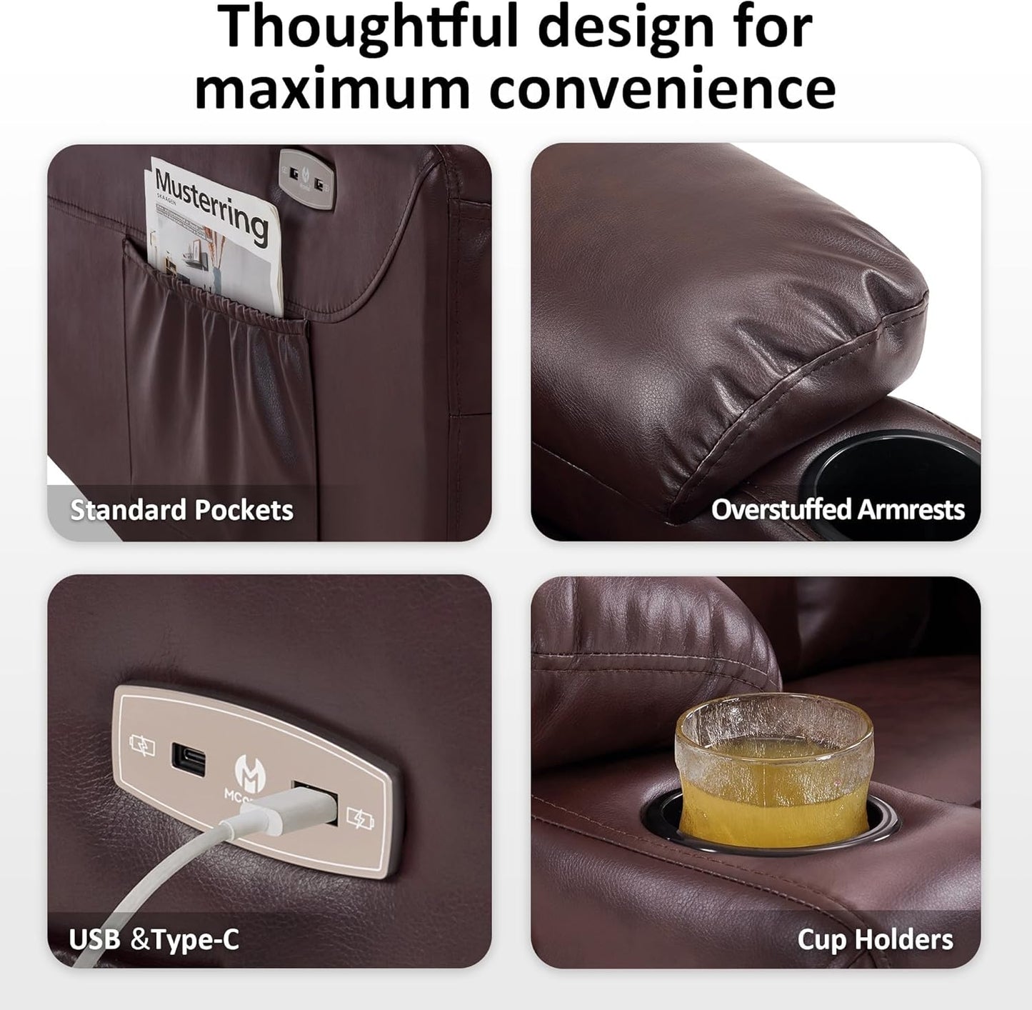 Elderly Assistance Power Lift Chair Recliner Recline and Extended Footrest Heavy Duty Stand Up Sofa with USB Type-C Charging Ports Cup Holders and Side Pockets for Seniors Home Care