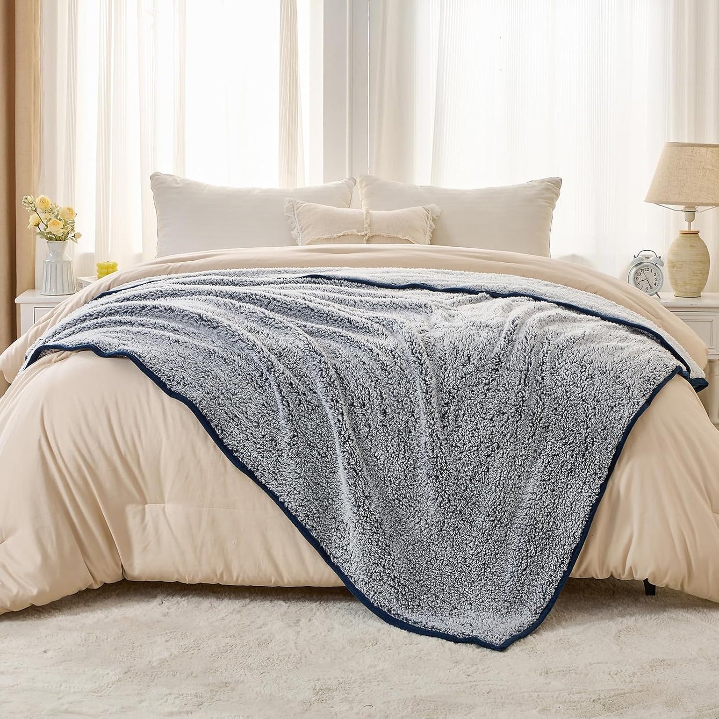 EMME Soft Sherpa Throw Blanket Fleece Reversible Plush Fluffy Blanket, Light Weight Warm Decorative Boho Blanket Cover for Sofa, Couch, Bedroom,Travel(Plush Navy,50"x60")