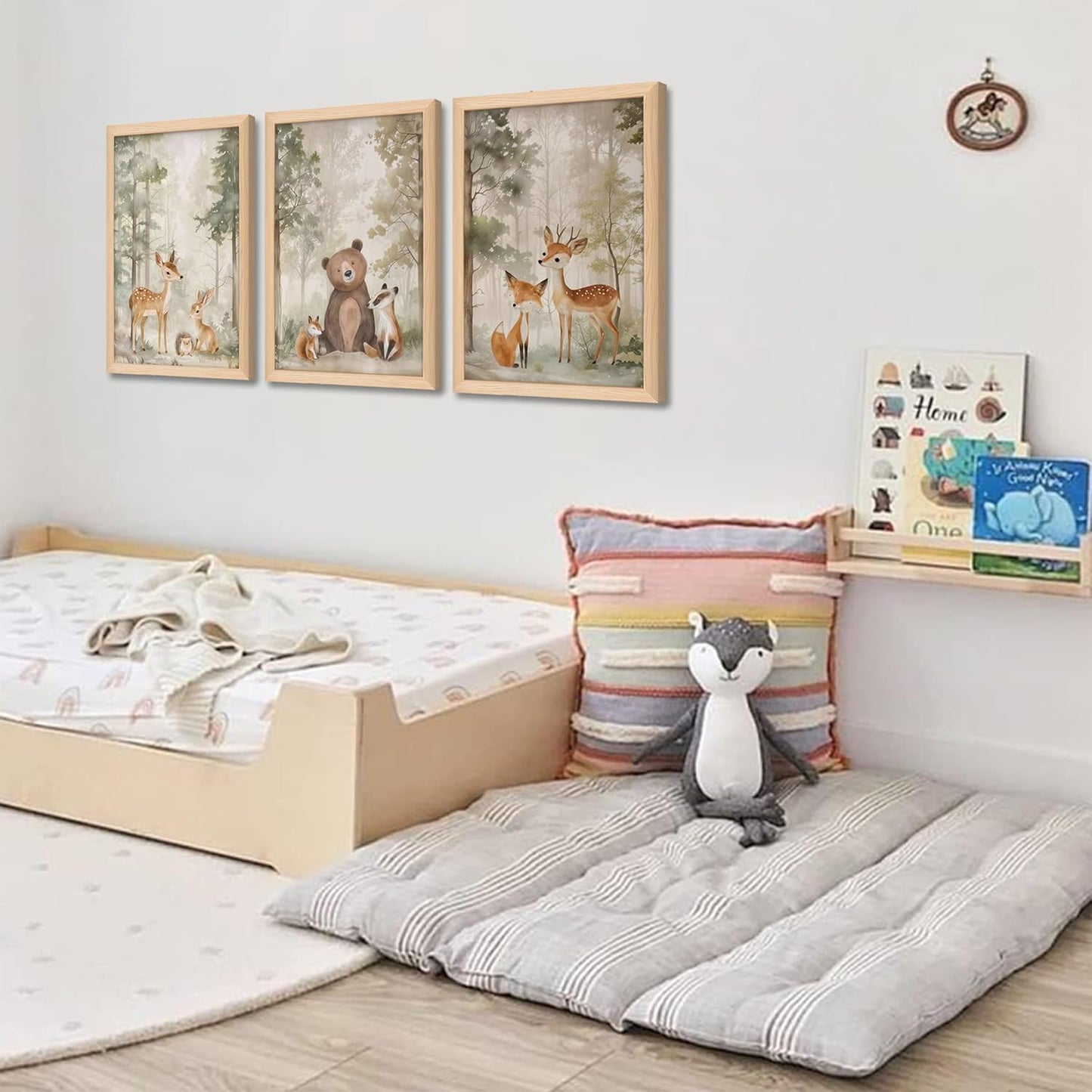 Framed Woodland Wall Art Set of 3, Wild Animals Nursery Wall Decor, Cute Bear Fox Deer Watercolor Canvas, Forest Animal Pictures Print for Baby Room Decor Home Decoration – 12X16 inch