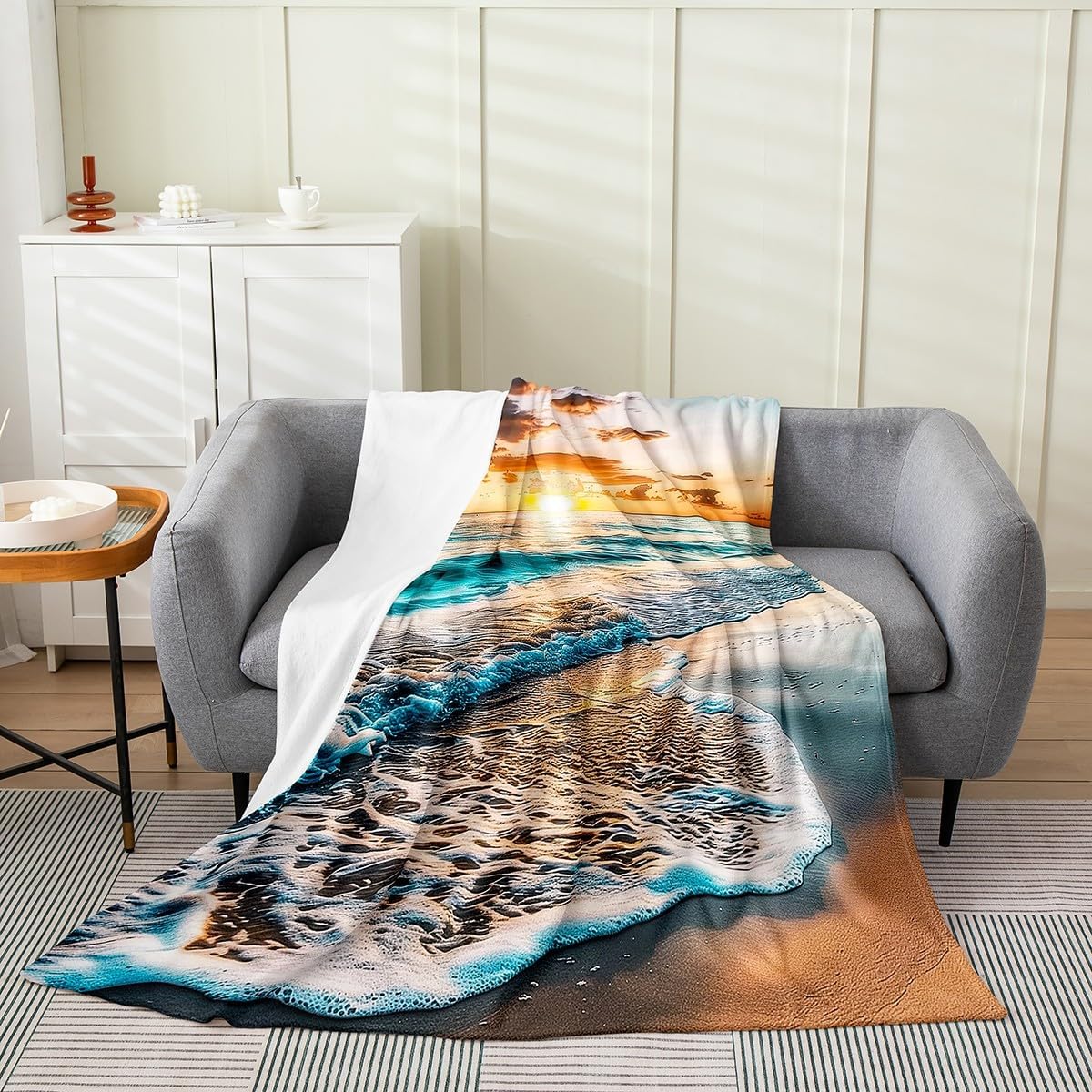 Erosebridal Ocean Waves Fleece Throw Blanket Queen 90"x90" - Ultra-Soft for Couch Sofa Bed,Hawaii Beach Style Flannel Blanket,Summer Nautical Theme Fuzzy Plush Throw,Natural Landscape Room Decor