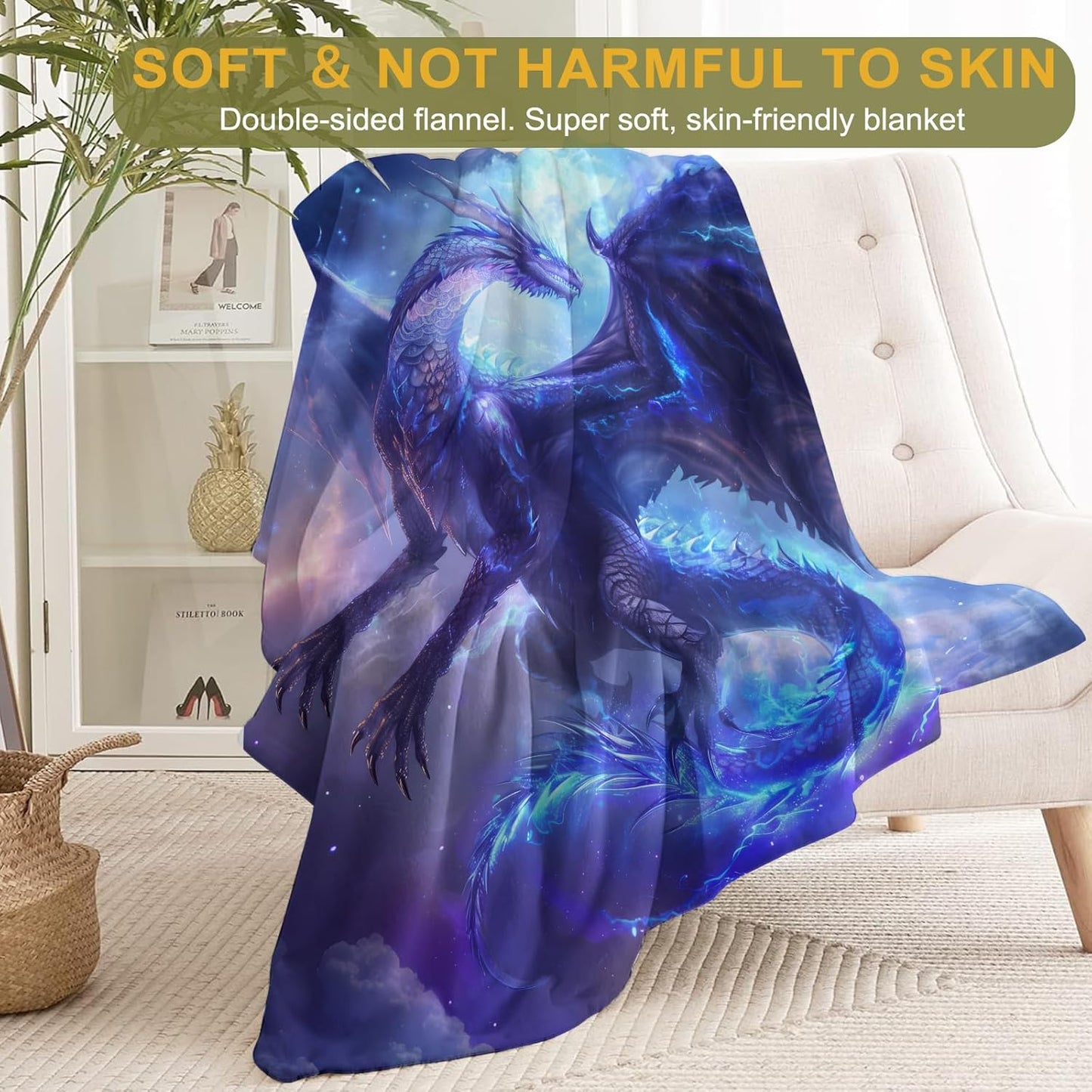 Mystical Dragon Fleece Blanket,Blue Fantasy Epic Magical Style Blankets,Soft and Warm Decorative Throws for Game Room,Office,Sofa,Lightweight Throw Gifts for Gamers Teens Men 50”x60”
