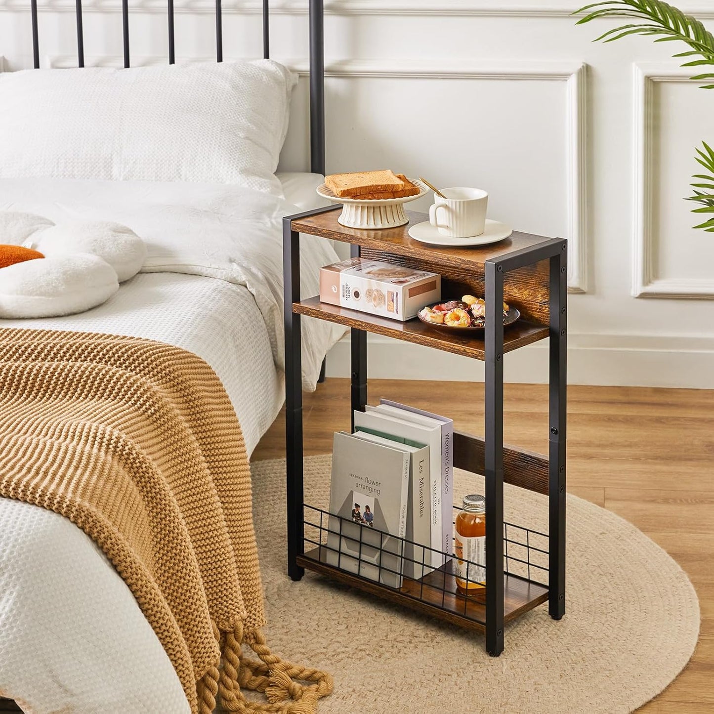 IBUYKE Narrow Side Table with Storage Shelf, 3 Tier End Table,Modern Sofa Table,Small Nightstand with Magazine Rack,Telephone Table for Small Spaces,for Living Room, Bedroom,Brown UTMZ001H