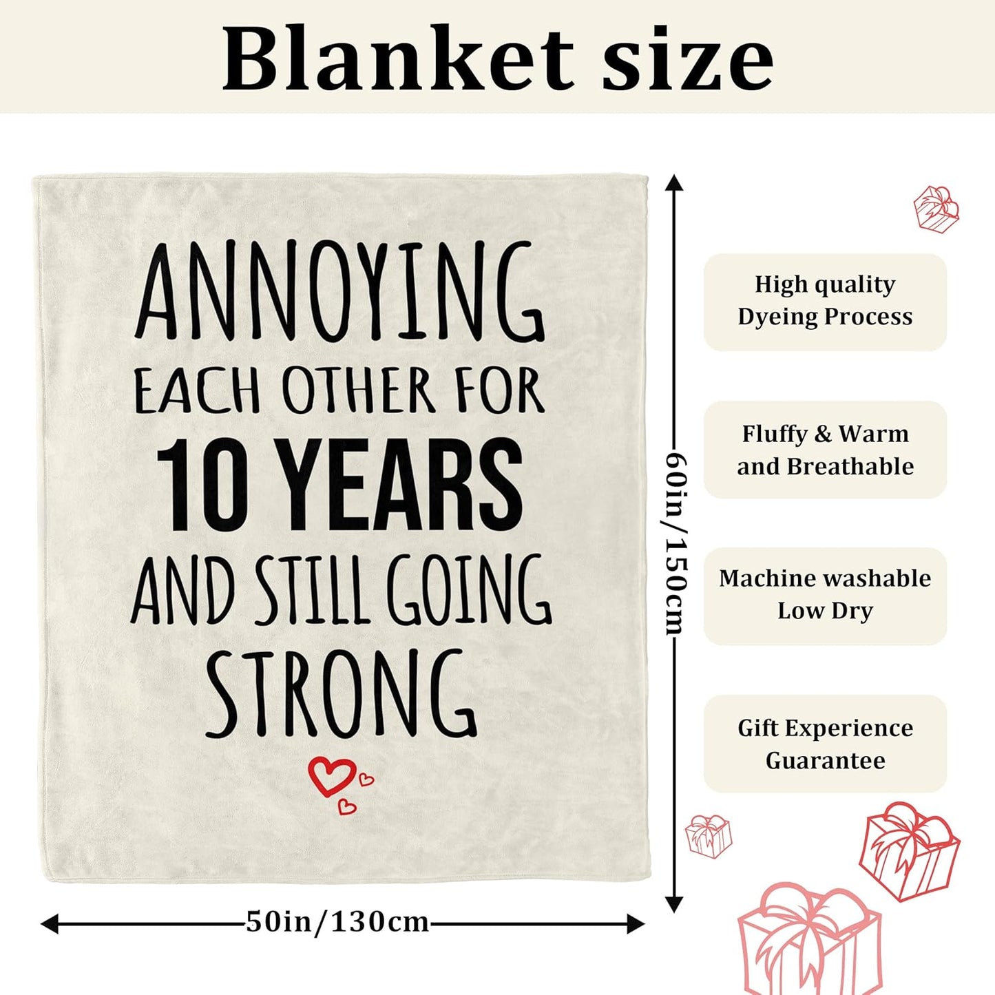 10 Year Anniversary Wedding Gifts for Her Him, 10th Anniversary Blanket Gifts for Wife Husband, 10th Anniversary Tin Gifts for Couple, 10 Years Anniversary Decoration Throw Blanket 60"X50"