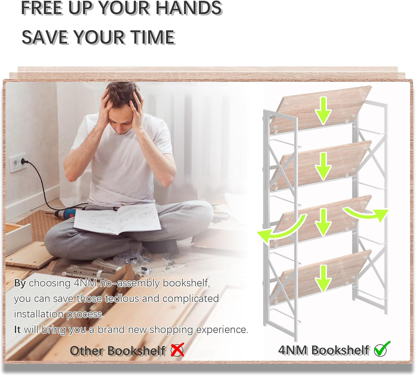 4NM 4 Tiers No Assembly Book Shelves, 41.3" H Folding Bookshelf Bookcase Open Industrial Foldable Shelves for Bedroom, Living Room, Home Office - Natural White