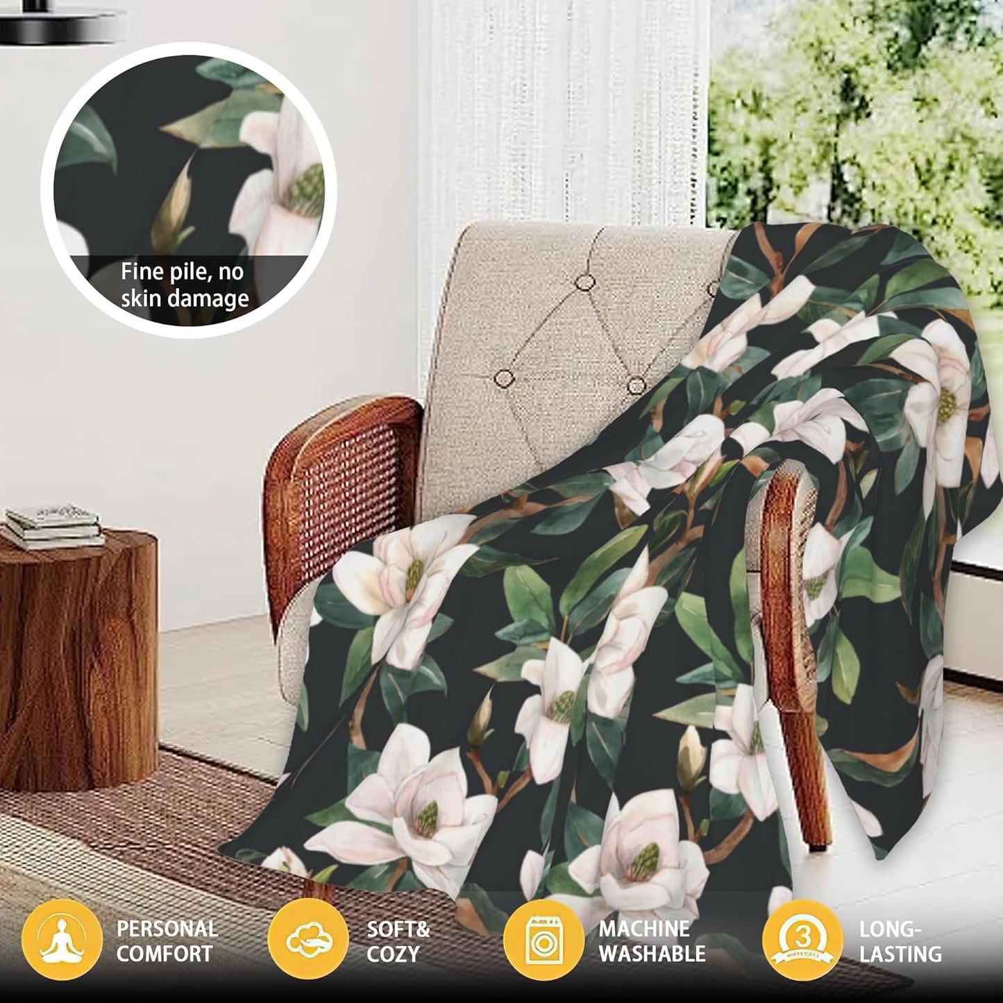 White Magnolia Soft Throw Blanket All Season Warm Blankets Lightweight Flannel Throws Blanket for Living Room Bed Couch 50"x60"