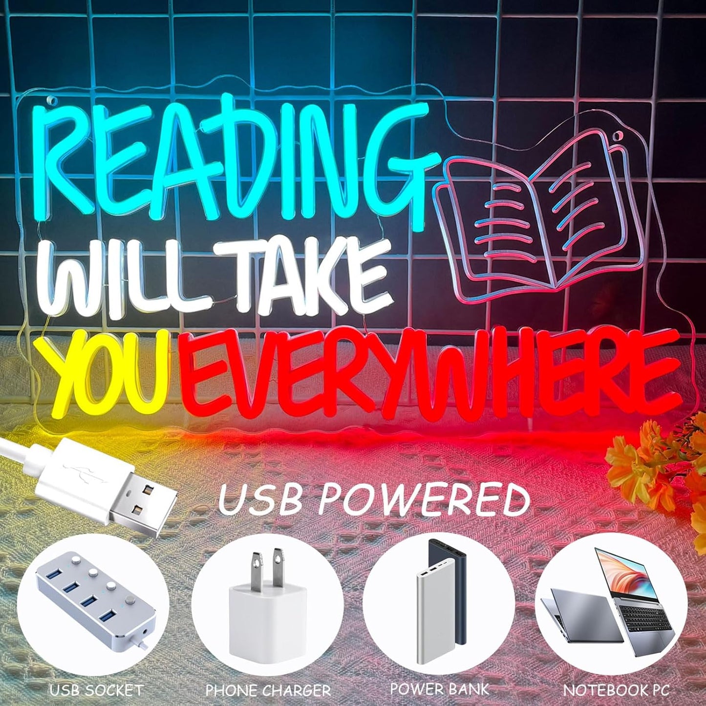 Read Neon Sign Reading Will Take You Everywhere Neon Signs, Read Books Neon Light for Wall Decor, Dimmable Student LED Neon Light Up Sign for Classroom Bedroom Bookstore Library Study Room Decoration Kids Presents