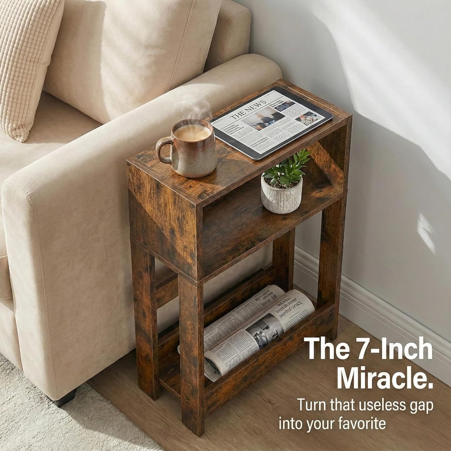 3-Tier Narrow Side Table,Skinny End Table and Bedside Nightstand for Small Space - Rustic Brown