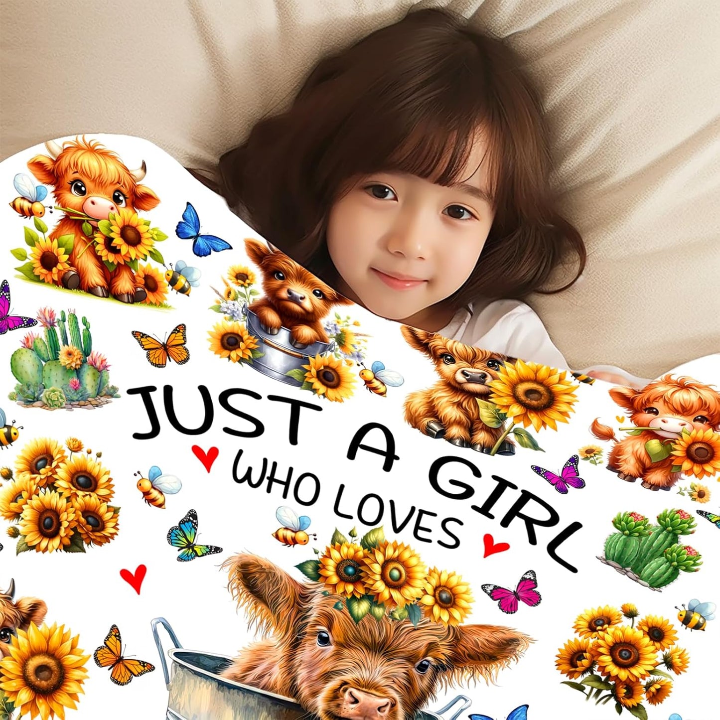 Highland Cow Gifts Sunflower Highland Cow Print Blanket Throw Plush Stuff Cute Animal Butterfly Gifts for Girls Kids Women Adults Highland Cow Lovers Birthday Decorations 50"X40"