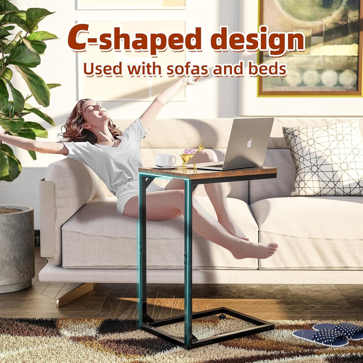 Simple Trending C Shaped End Table for Couch, Small Side Table TV Tray Table with Metal Frame for Living Room, Bedroom, Rustic Brown
