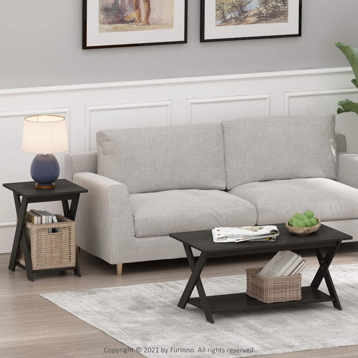 Furinno Modern Simplistic Side Table, 2-Tier Square End Table with Lower Open Shelf and X-Legs, Criss-Crossed Night Stand, Bedside Table, for Living Room, Bedroom, Espresso