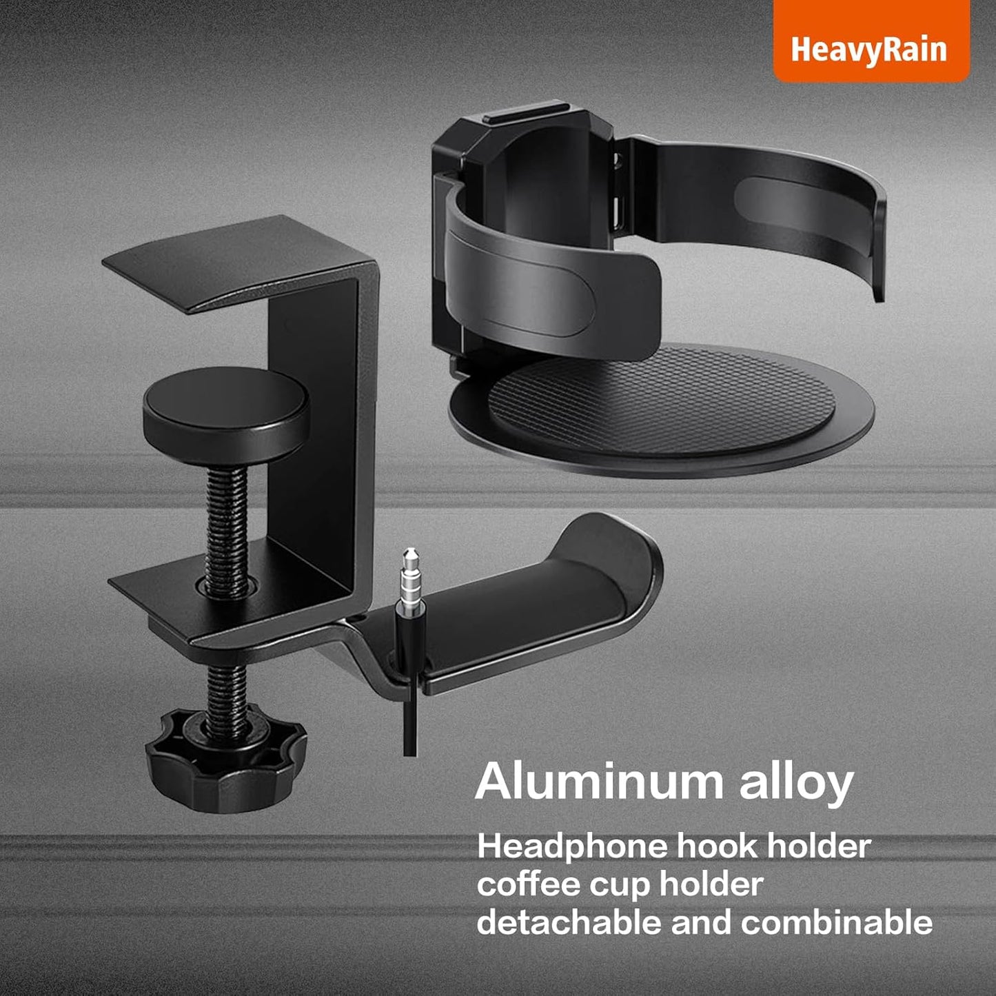 HeavyRain 3-in-1 Desk Cup Holder with Headphone Hook, Anti-Overflow Coffee Mug Holder for Desk, Sturdy Aluminum Clamp-on Cup Holder for Wheelchair, Couch, Office, Gaming Desk Accessories, Black