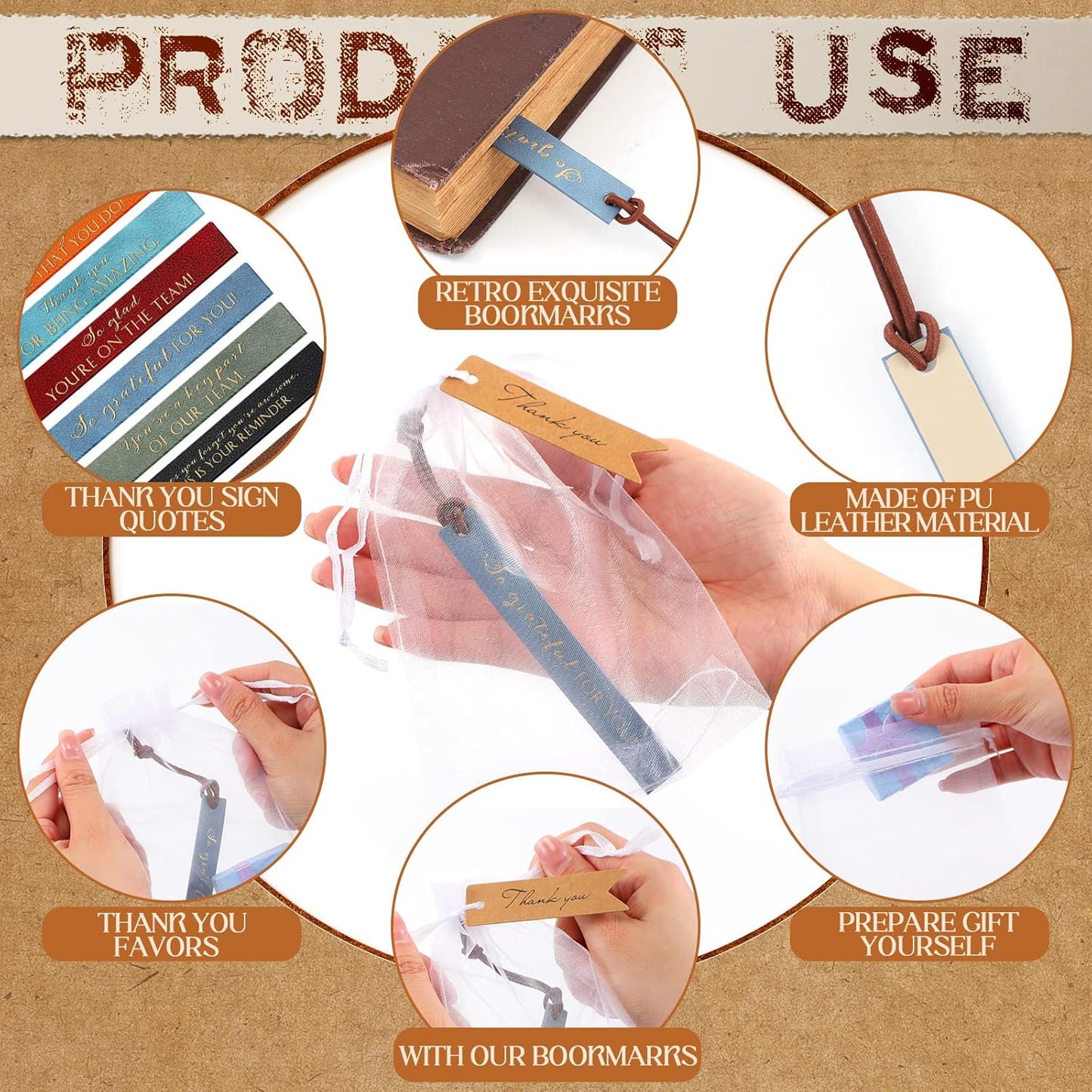 Kosiz Set of 50 Thank You Gifts Leather Bookmark Bulk Employee Appreciation Gifts Inspirational Leather Page Markers with Thank You Tag Organza Bag for Nurse Teacher Book Lovers Book Club
