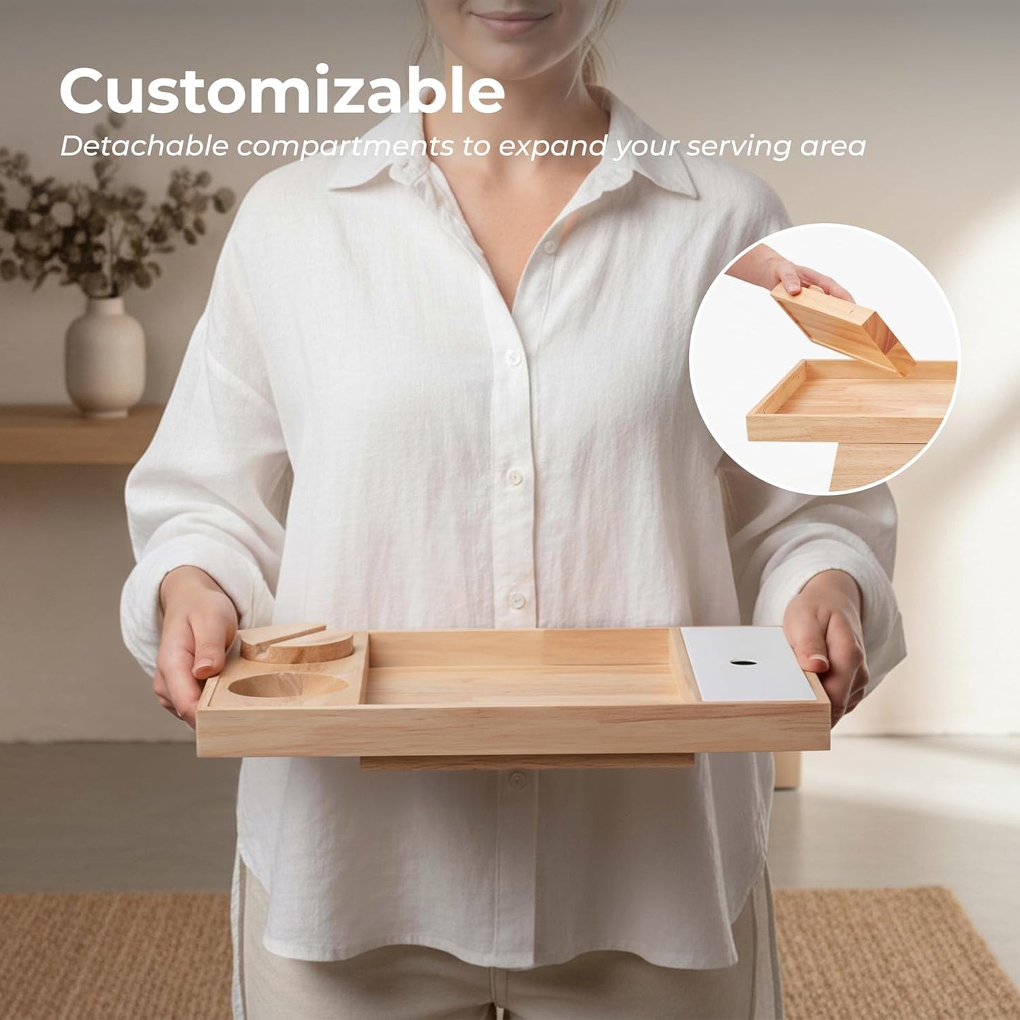 Couch Arm Tray – Rubberwood Sofa Armrest Table with Extra Storage Compartment, Minimal Scandinavian Wooden Design, Fits Multiple Arm Shapes & Sizes – Elegant Couch Armrest Organizer