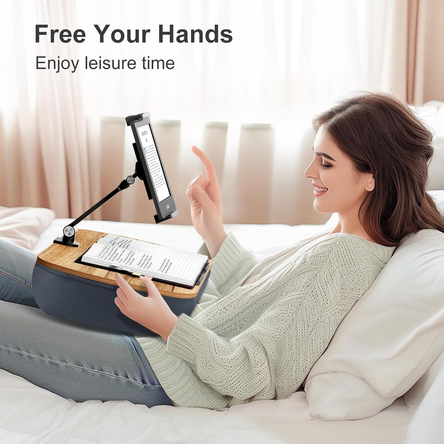 Lap Cozy Kindle Pillow Stand for Bed with Adjustable Arm, 360° Tablet Holder, Fits 4.7"-13" Kindle, iPad, Phone, Lap Desk for Hands Free Reading in Bed, Couch, Sofa,Gray