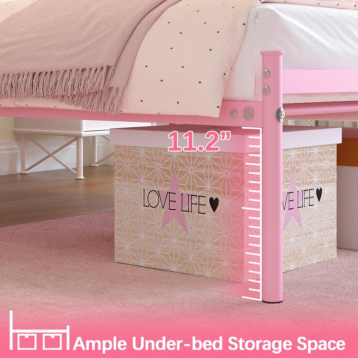 Weehom Twin Bed Frames with Headboard, Heavy Duty Metal Platform Under Bed Storage Space Easy Assembly for Kids Girls Adults, Pink