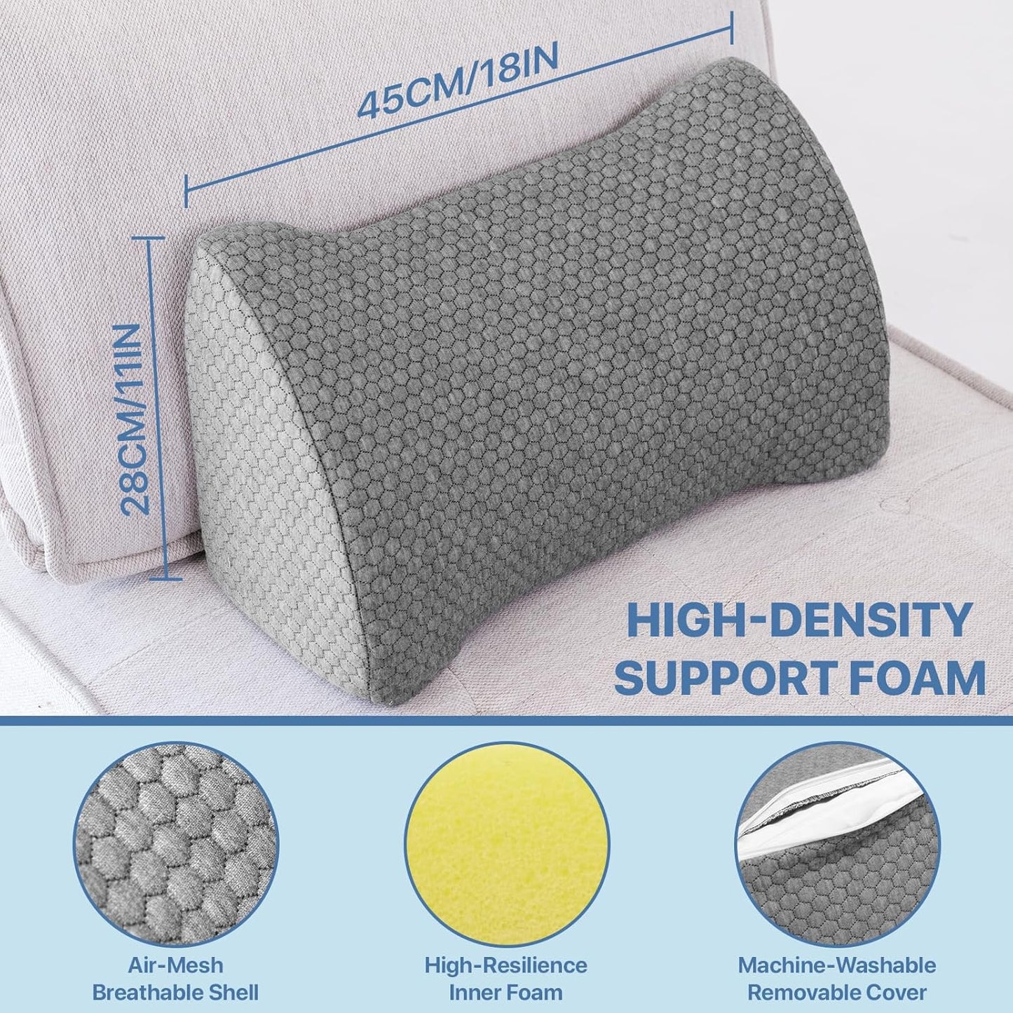 Lumbar Support Pillow Memory Foam Breathable Support for Office Chair, Car Seat, Sofa, Bed - Relieves Back, Spine, Neck Pain for Ergonomic Comfort Gray 18 * 11 * 7.5in