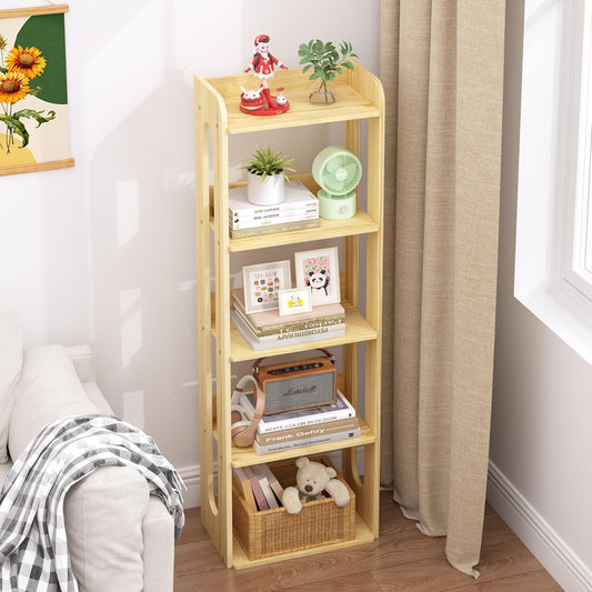 5 Tier Tall Solid Wood Bookshelf - Narrow Open Shelf Wooden Bookcase, Floor Standing Display Storage Rack Bookshelves, Large Rustic Corner Book Storage Organizer for Bedroom, Study Home Office