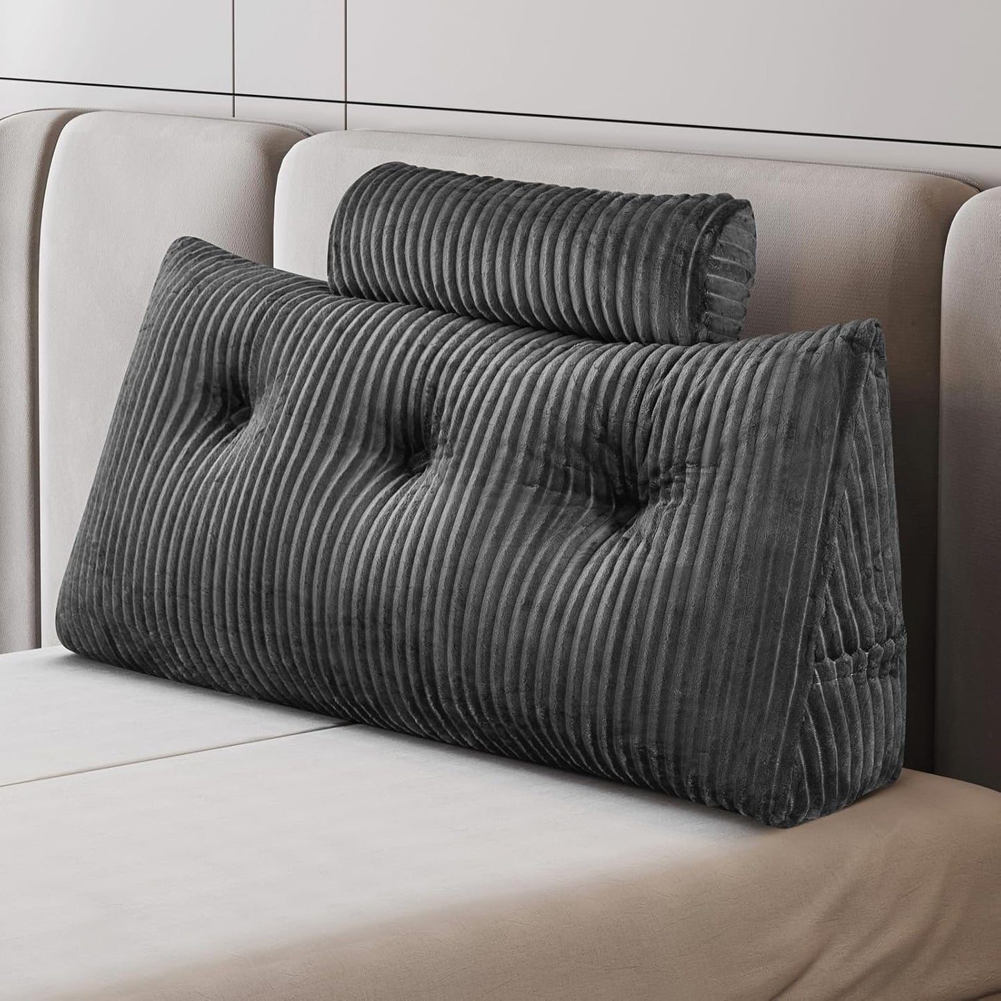 Wedge Headboard Backrest Pillow — Twin, Ultra Soft, Triangle with Roll Pillow, Grey