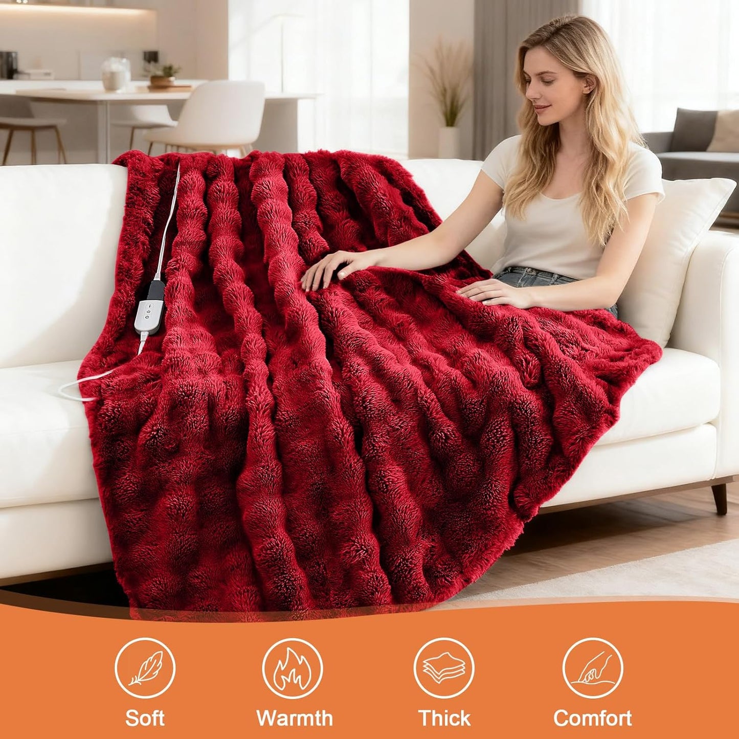 Heated Blanket Electric Throw Blanket 50''X 60''-Heating Blanket with 6 Heat Settings-4 Hours Auto Off,Cozy Faux Rabbit Fur Bubble Electric Blanket,Red