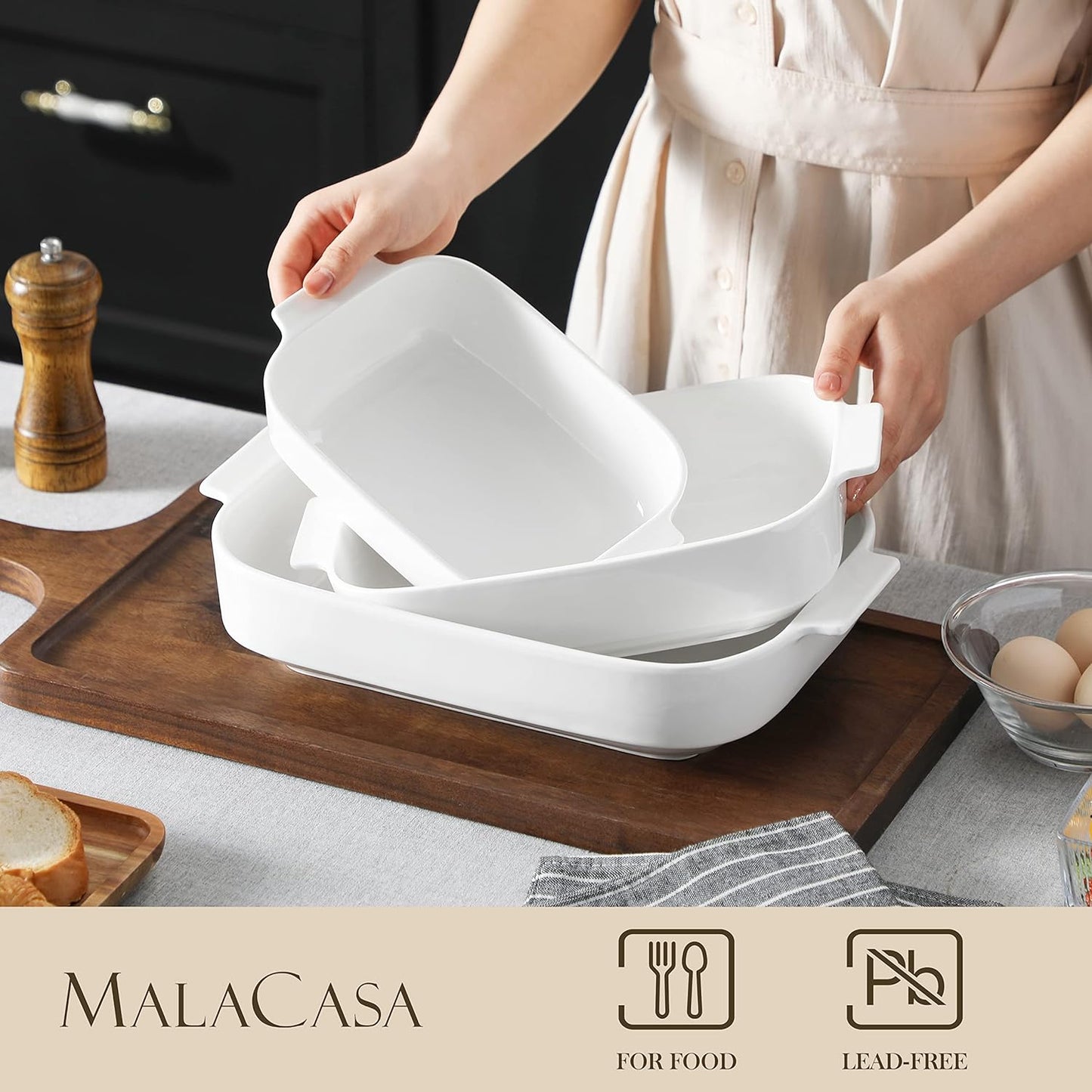 MALACASA Casserole Dishes for Oven, Ceramic Baking Dishes Set of 3, Rectangular Lasagna Pan Deep Baking Pans, Bakeware Sets with Handles Gift Set, White (13.8''/11.7''/9.4''), Series BAKE