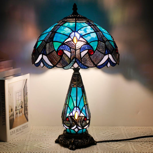 Tiffany Lamp Stained Glass Table Lamp 12X19 Inches Mother Daughter Vase Desk Accent Night Light for Bedroom Bedside Reading Home Antique Style (Green Liaison)
