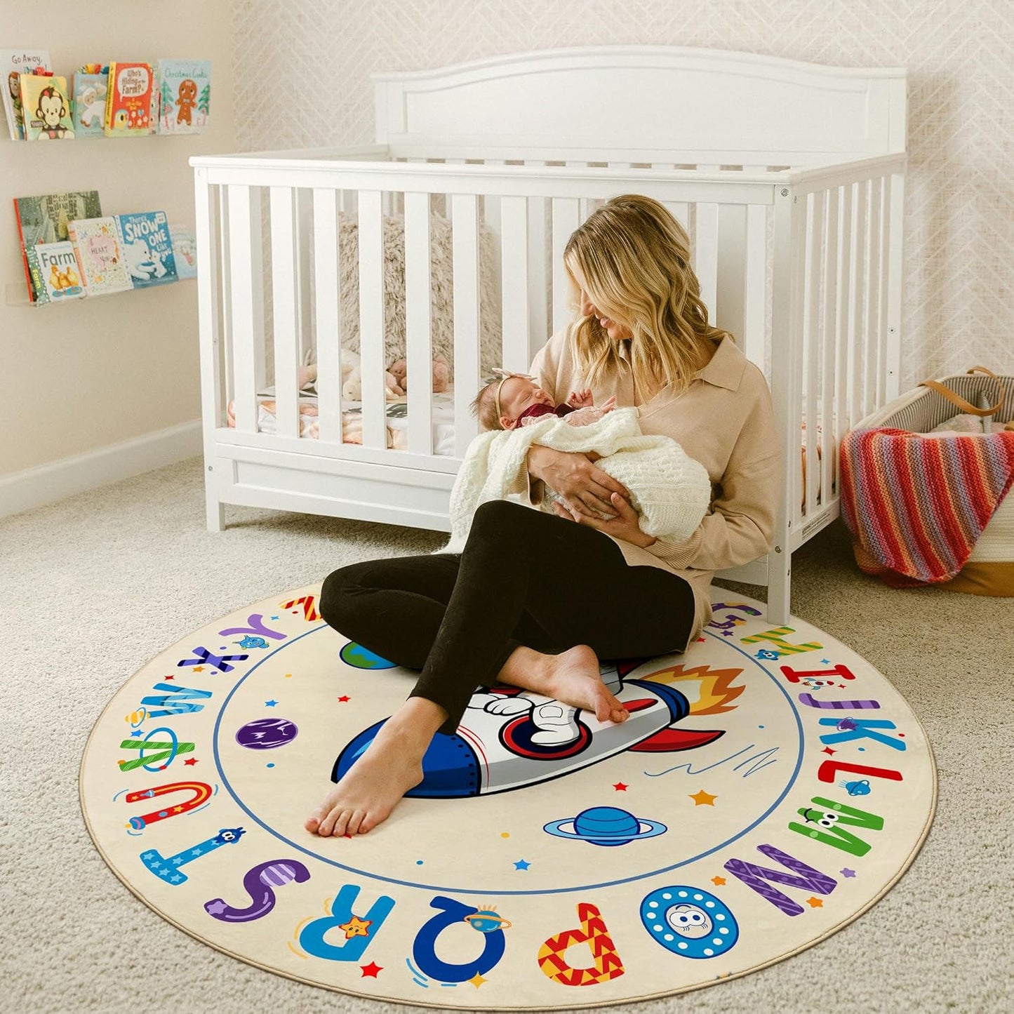 ABC Kids Alphabet Round Rug 4ft, Washable Soft Circle Nursery Rug, Non-Slip Educational Carpet with Space Astronaut Design for Classroom, Playroom & Kids Room Decor Blue