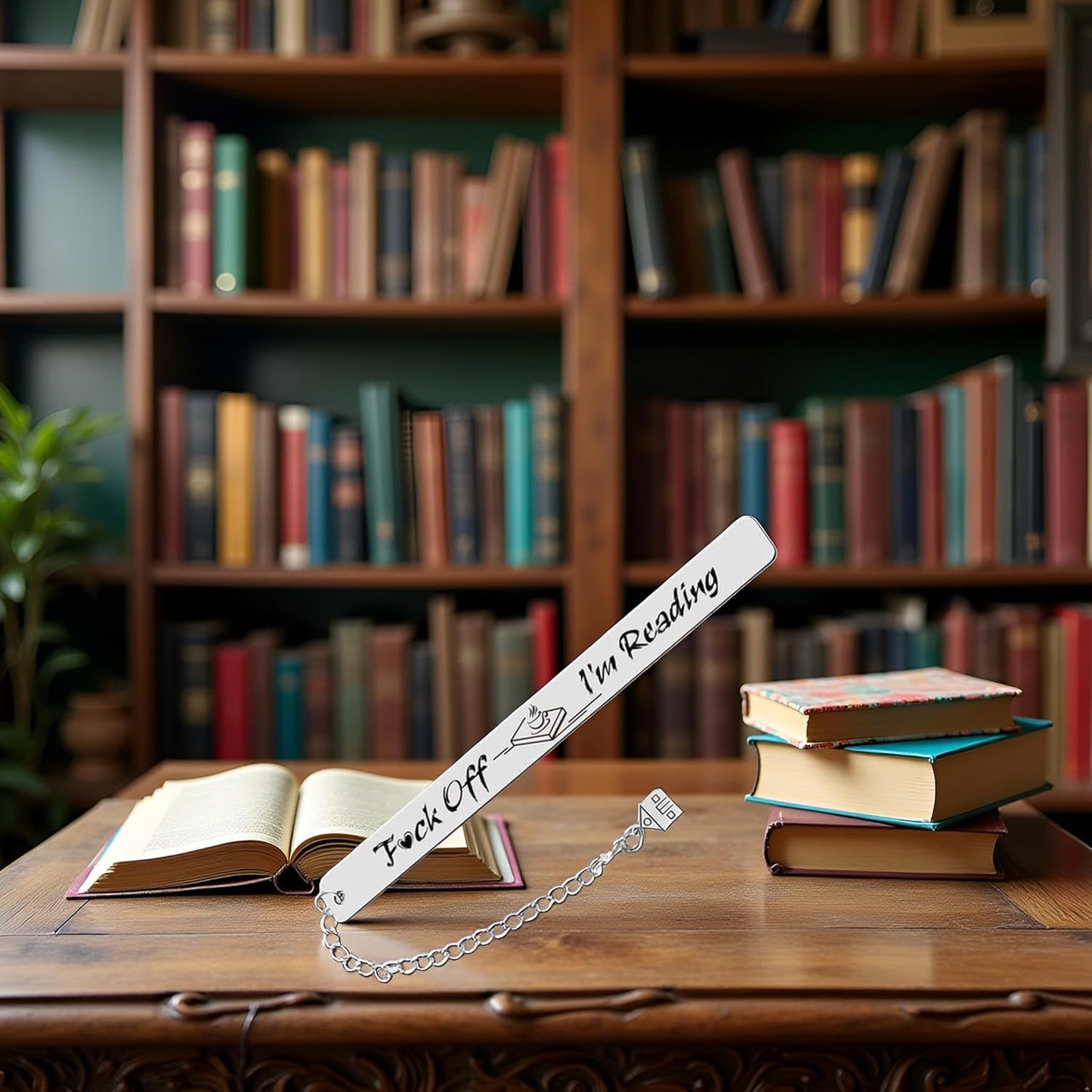 Stainless Steel Leaf Pendant Book Mark,Funny Inspirational Bookmark for Book Lovers Reader Gifts,2024 New Metal Bookmark Gift,Engraved Fuck Off Mark,Book Covers and Book Accessories (Silver)