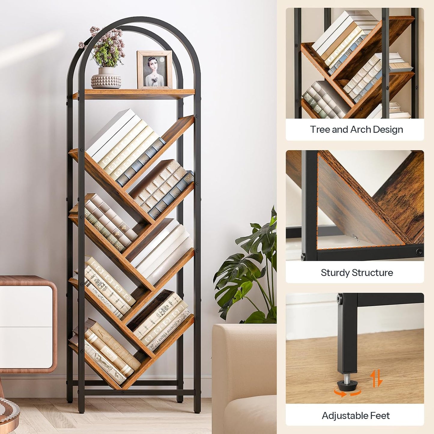 HOOBRO Tree Bookshelf, 8-Tier Floor Standing Bookshelf, Storage Organizer Bookcase for Books/CDs, Wooden Arched Tall Bookshelf for Living Room, Bedroom, Study, Rustic Brown and Black BF07SJ01