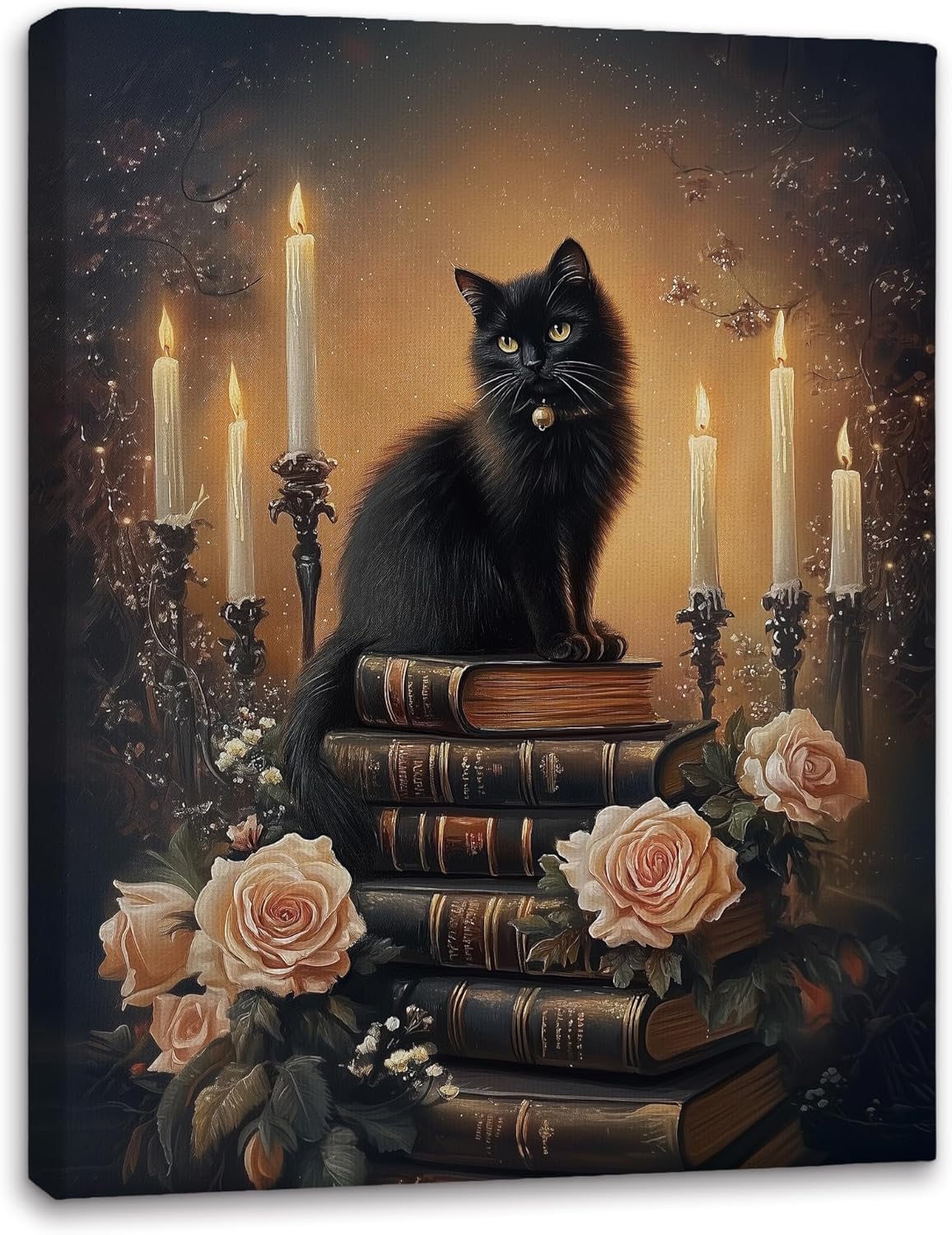 YZRFC Dark Academia Black Cat Wall Art Framed, Vintage Floral Moody Black Cat Book Art Wall Decor Canvas Artwork Poster for Home Bedroom Reading Nook Corner, 11x14 Inch